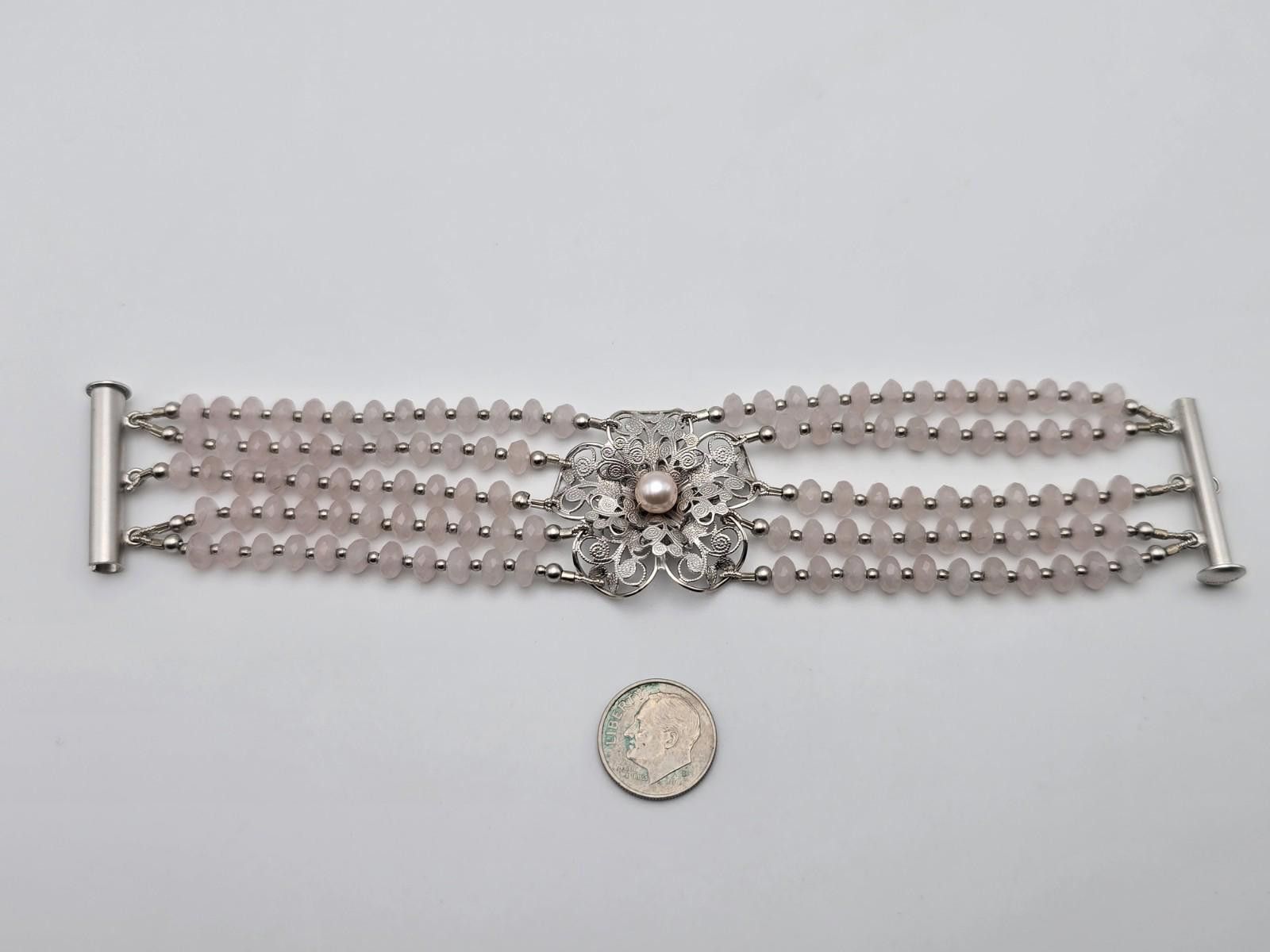Other Sterling Silver Pink Quartz Bead Bracelet Filigree Flower Size ONE SIZE - 1 Thumbnail