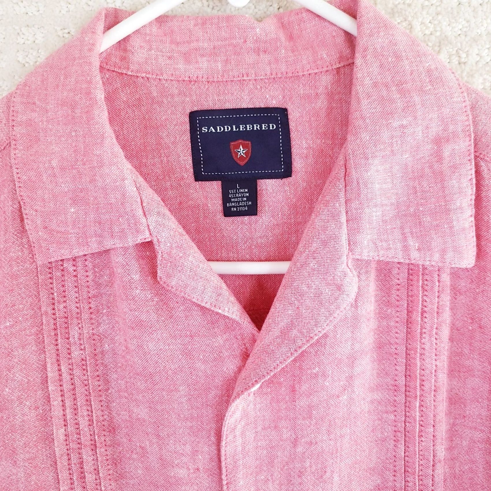 Pinko Saddlebred Shirt Mens L Button Front Classic Fit Linen Cotton Pink Short Sleeve Size US L / EU 52-54 / 3 - 4 Thumbnail