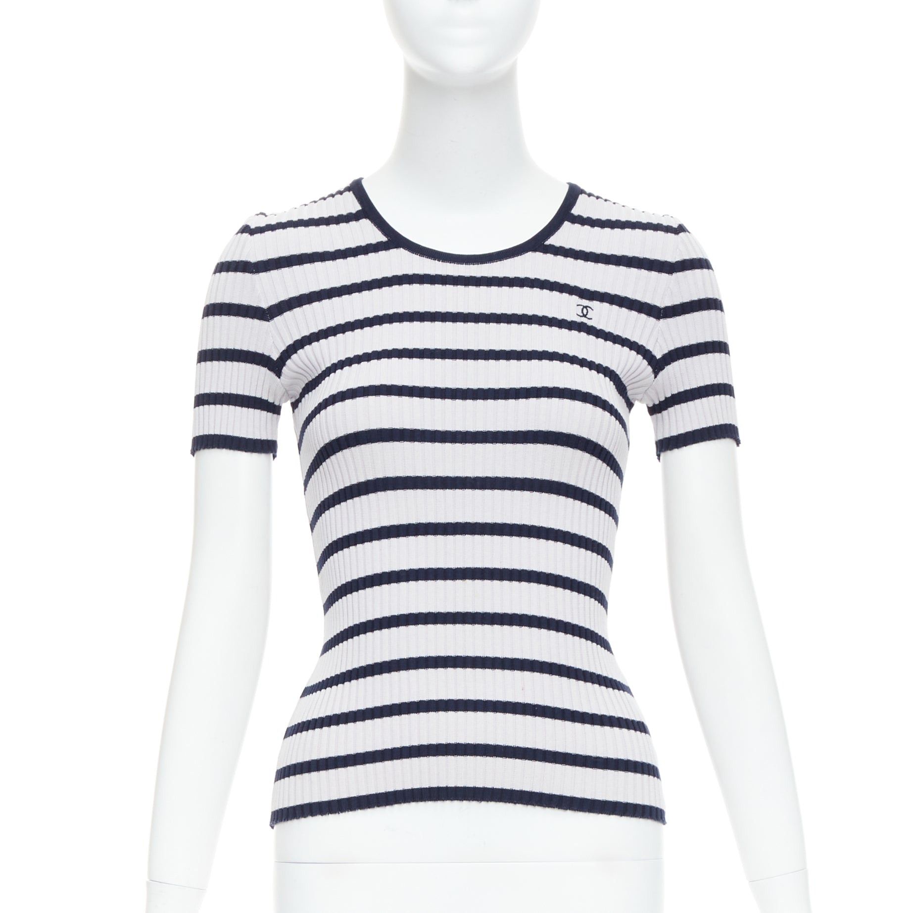 Chanel CHANEL 98P Vintage black grey ribbed cotton nautical striped logo top FR36 S Size S / US 4 / IT 40 - 1 Thumbnail