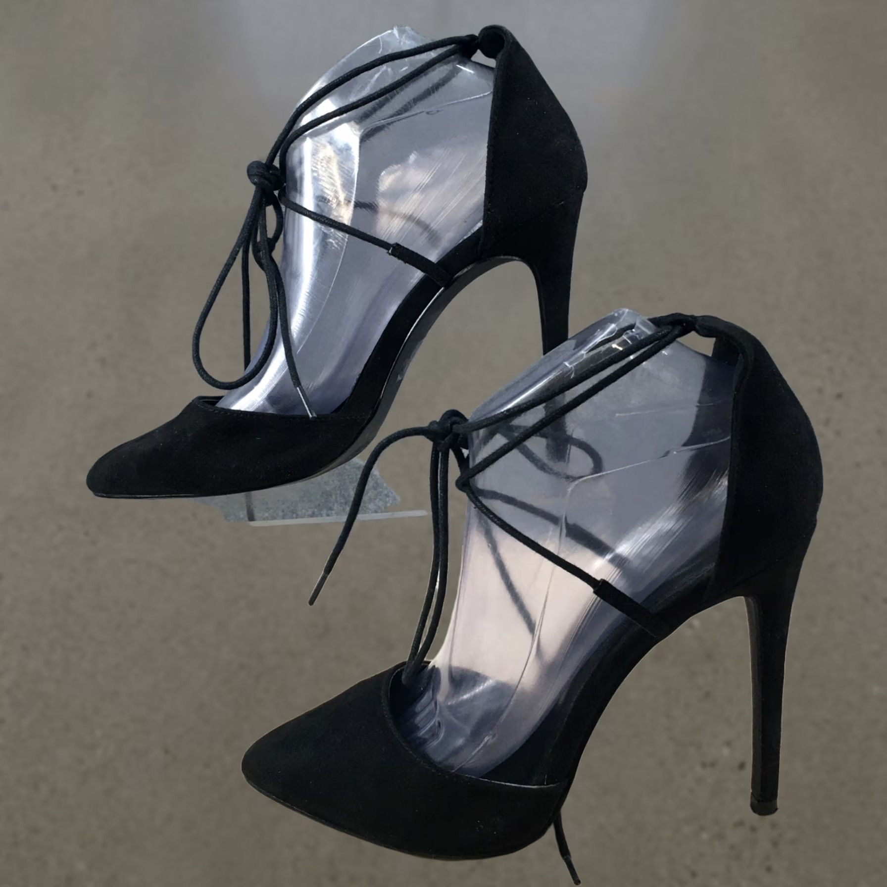 Vintage Charlotte Russe Carla D'Orsay Pump Womens 9 Black Lace Up Stiletto Heels Suede Shoes Size US 9 / IT 39 - 1 Thumbnail