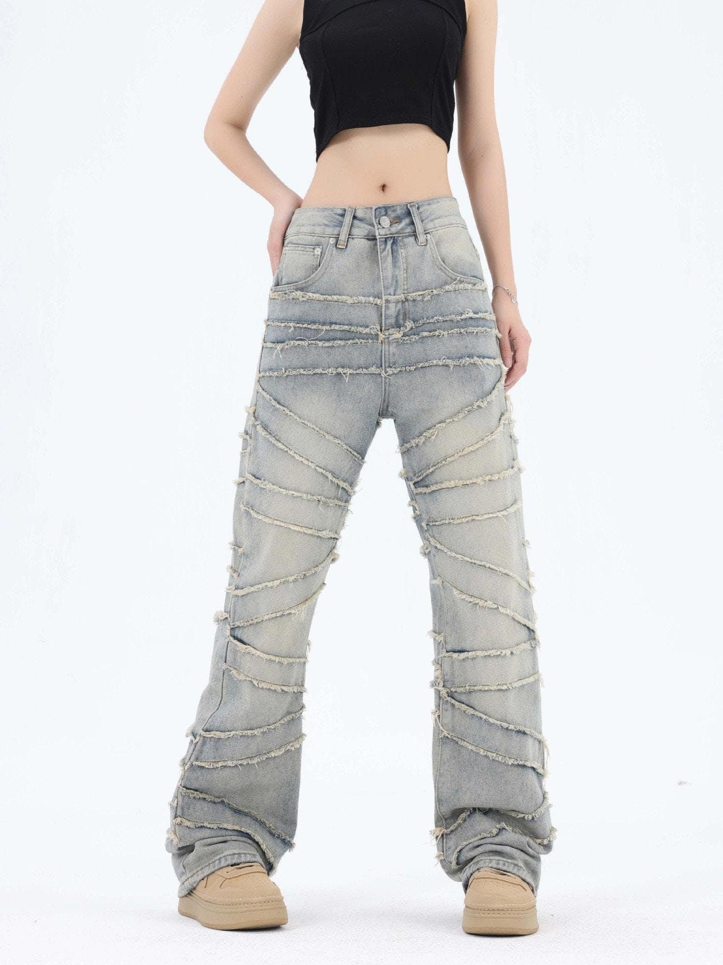 image of Striped Embroidery Stacked Jeans, Flared Jeans in Blue, Women's (Size 26)