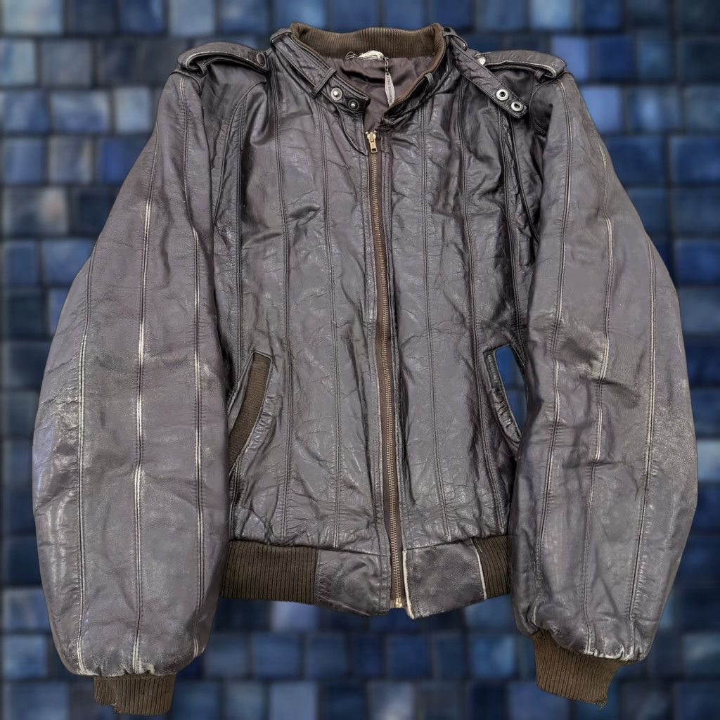 Members Only VINTAGE Members Only Leather Jacket Mens Bomber Distressed L Brown 80s Racer Zipper Mid-Length Size US L / EU 52-54 / 3 - 1 Thumbnail