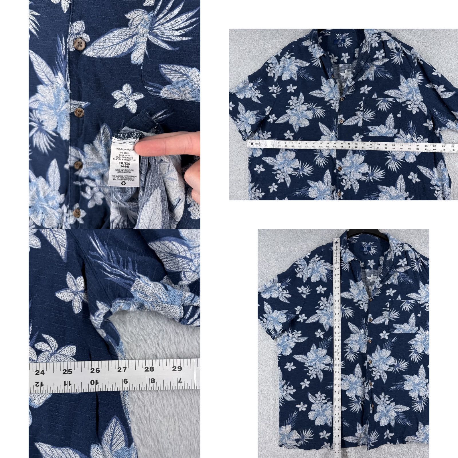 George George Shirt Mens 3XL Floral Hawaiian Button-Up Blue White Cotton Palm Hibiscus Short Sleeve Casual Wear Mens Size US XXL / EU 58 / 5 - 8 Thumbnail