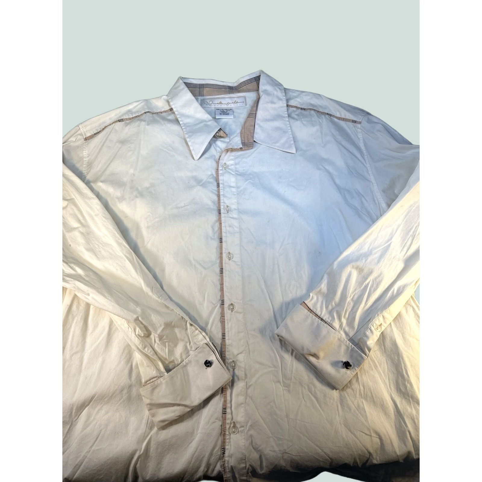 Pelle Pelle VINTAGE Pelle Pelle Dress Shirt 4XL 90s 00s French Cuff Plaid Trim Button-Up Men's Shirt Ivory Size 48R - 1 Thumbnail