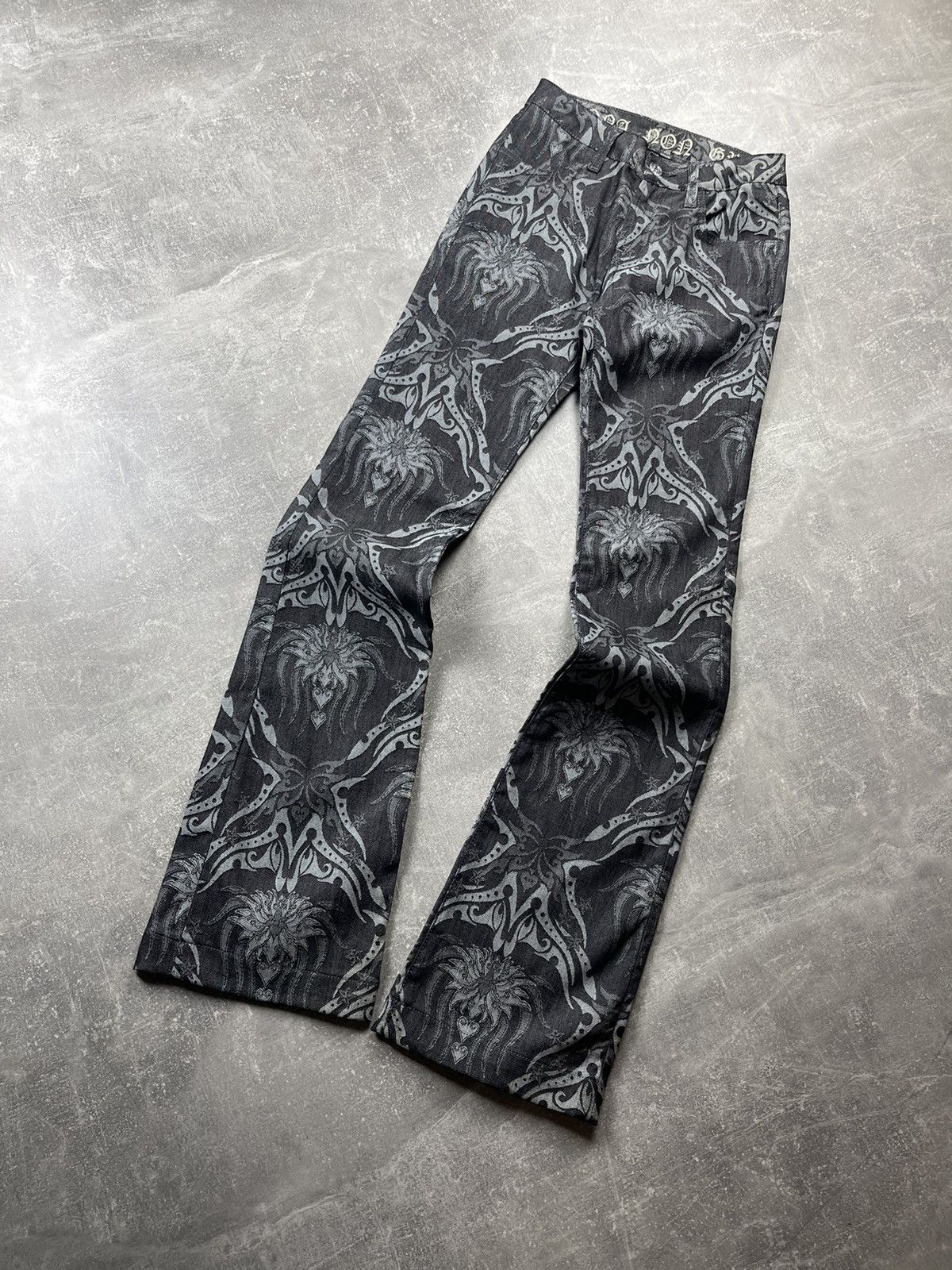 Other Y2K Flared Archive 2000s Black Baroque Pattern Jeans Size 27" / US 4 / IT 40 - 6 Thumbnail
