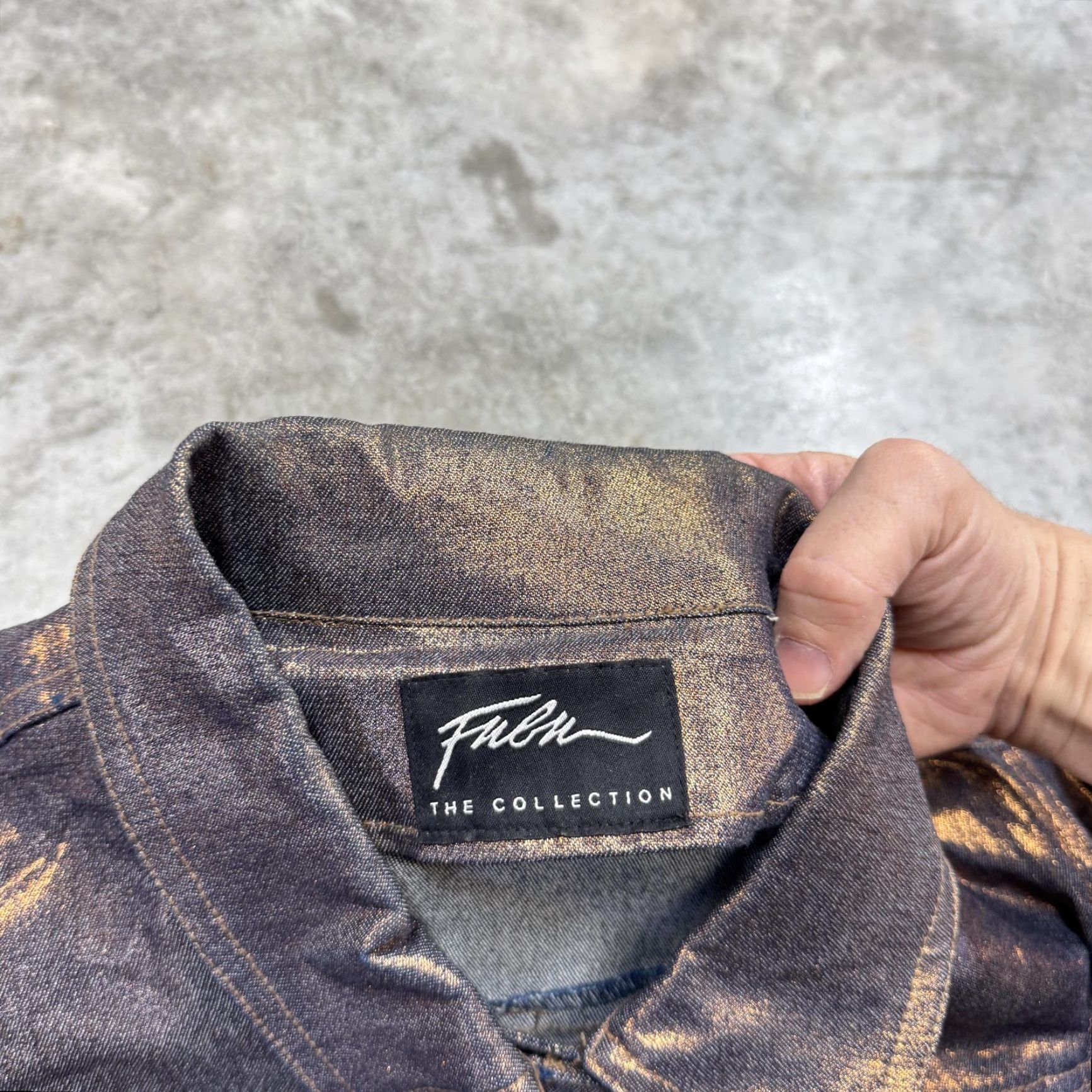 Fubu FUBU Jacket Womens L Gold Denim Trucker Collection Metallic Coated Cotton Button Pockets Collared Casual Fall Spring Women Size L Size L / US 10 / IT 46 - 3 Thumbnail