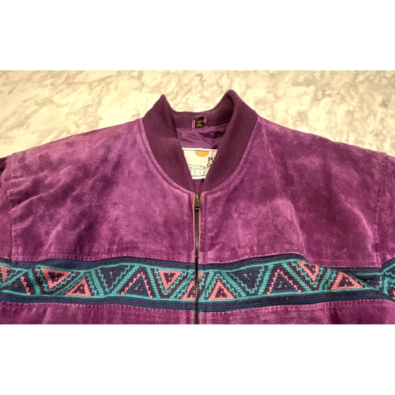 Vintage VINTAGE Mesa Ridge Purple Suede Leather Jacket L Aztec Geometric Stripe Zip Up Women Bomber Jacket Size L / US 10 / IT 46 - 3 Thumbnail