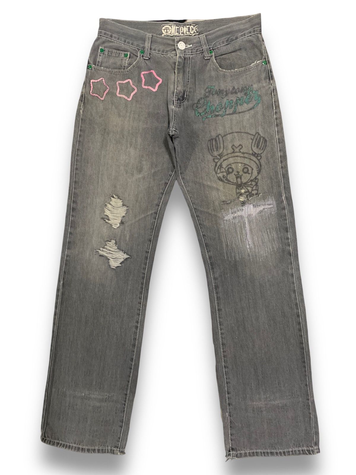 image of Hype x One Piece Vintage Y2K One Piece Printed Tony Chopper Distressed Jeans in Washed Gray (Size 3