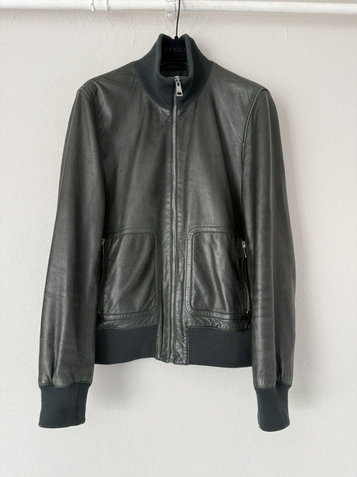 Gucci Green Leather Bomber Jacket with Ribbed Trim Size US M / EU 48-50 / 2 - 1 Thumbnail