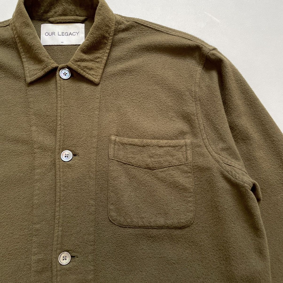 Our Legacy Pilled Olive Cotton Flannel Box Shirt Size US M / EU 48-50 / 2 - 4 Thumbnail