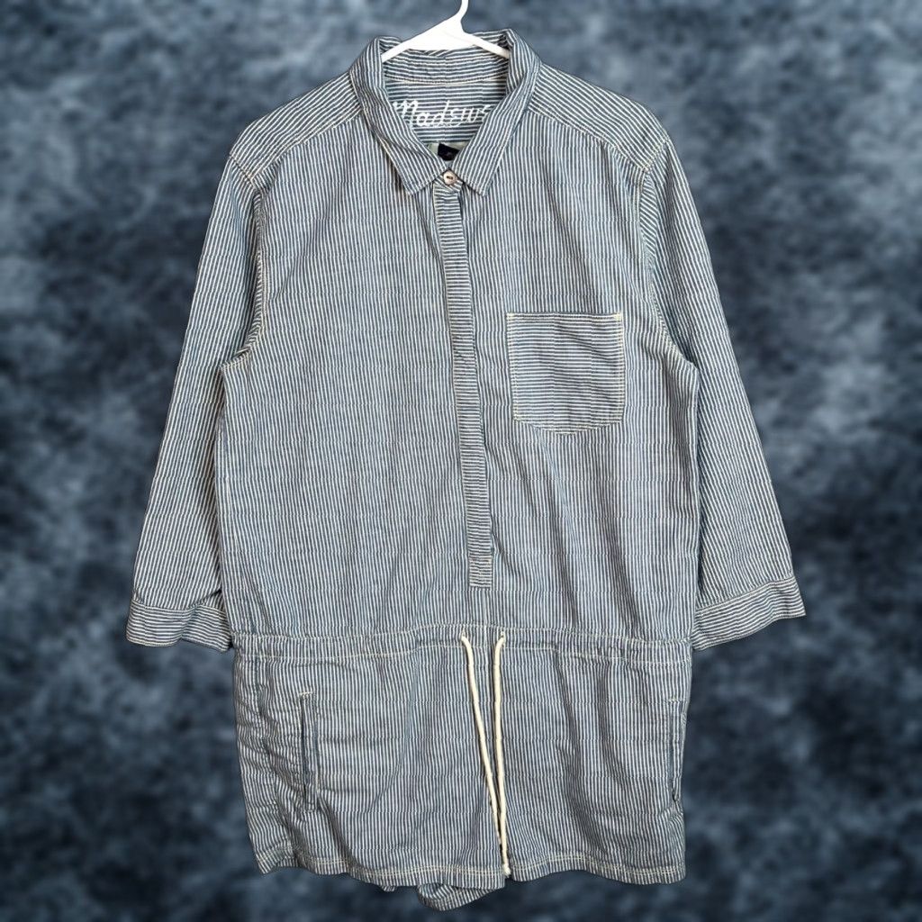 Madewell Madewell Jumpsuit Womens Large Blue Striped Long-Sleeve Button-Down Drawstring Womens Size 36" / US 14 / IT 50 - 1 Thumbnail