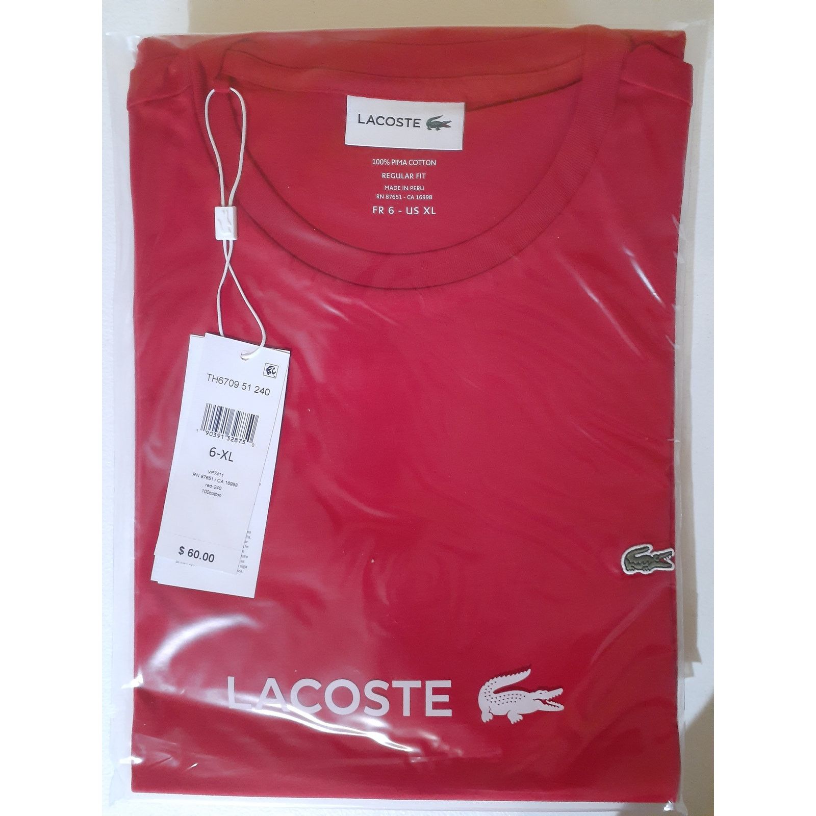 Lacoste Lacoste Men's Cotton Pima Jersey T-Shirt Red X-Large Size US XL / EU 56 / 4 - 2 Thumbnail