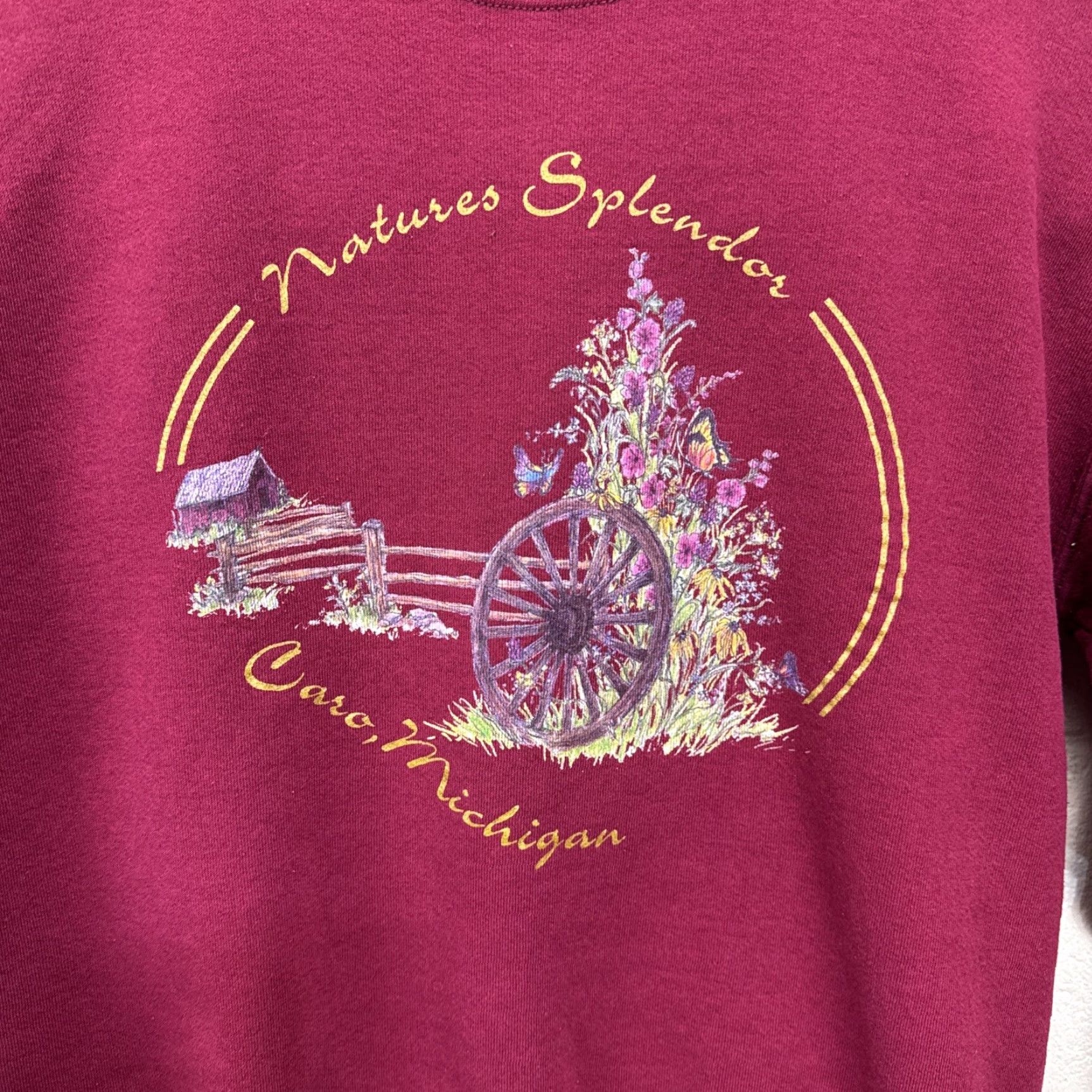 Fruit Of The Loom VINTAGE Fruit of the Loom Sweatshirt Crew Neck Large Red Michigan Barn Butterfly Graphic Print Unisex Adults 90s Grunge Fashion Size US L / EU 52-54 / 3 - 2 Thumbnail