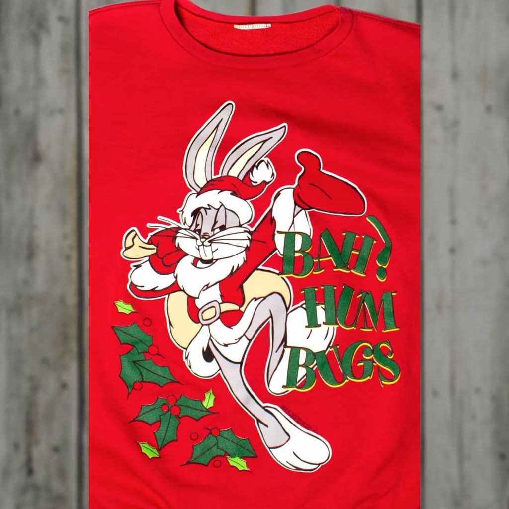 Vintage VINTAGE Bah! Hum Bugs Christmas Sweatshirt Red X-Large Unisex Adults 1995 Pullover Christmas Sweatshirt Mens Womens Size US XL / EU 56 / 4 - 1 Thumbnail