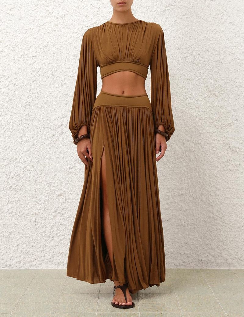 Zimmermann oc11z0226 Illuminate Gathered Maxi Skirt in Khaki Size 34" / US 12 / IT 48 - 2 Thumbnail