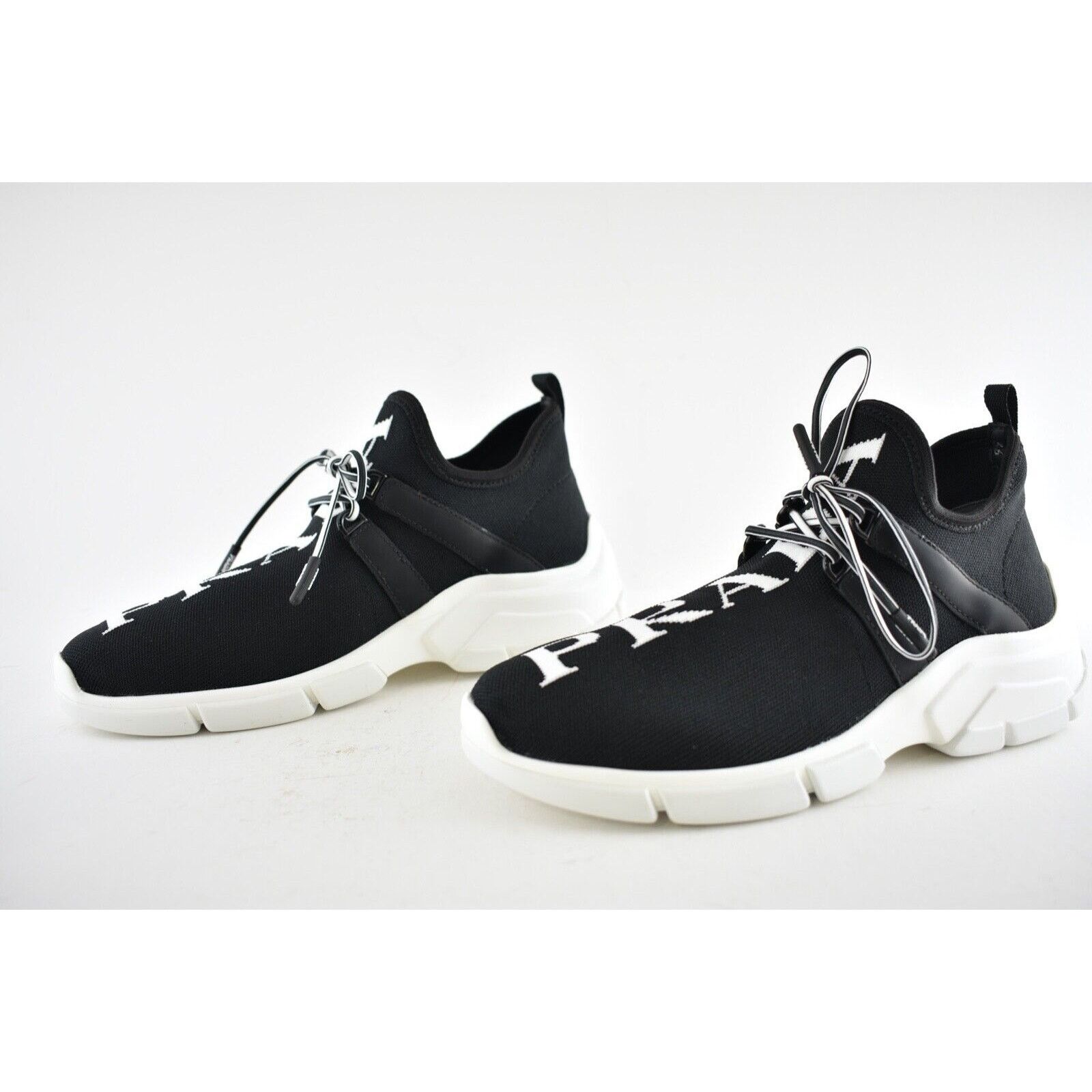 Prada Prada Logo Sock Black White Knit Flat Tie Pull On Sneaker 35 Size US 5 / IT 35 - 10 Thumbnail