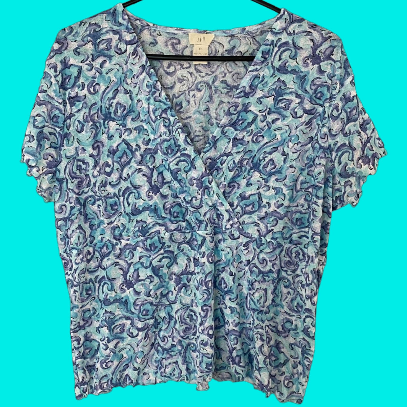 J. Jill J.Jill Blouse Women's XL V-Neck Ruffled Blue Watercolor Abstract Print Shirt Size XL / US 12-14 / IT 48-50 - 1 Thumbnail