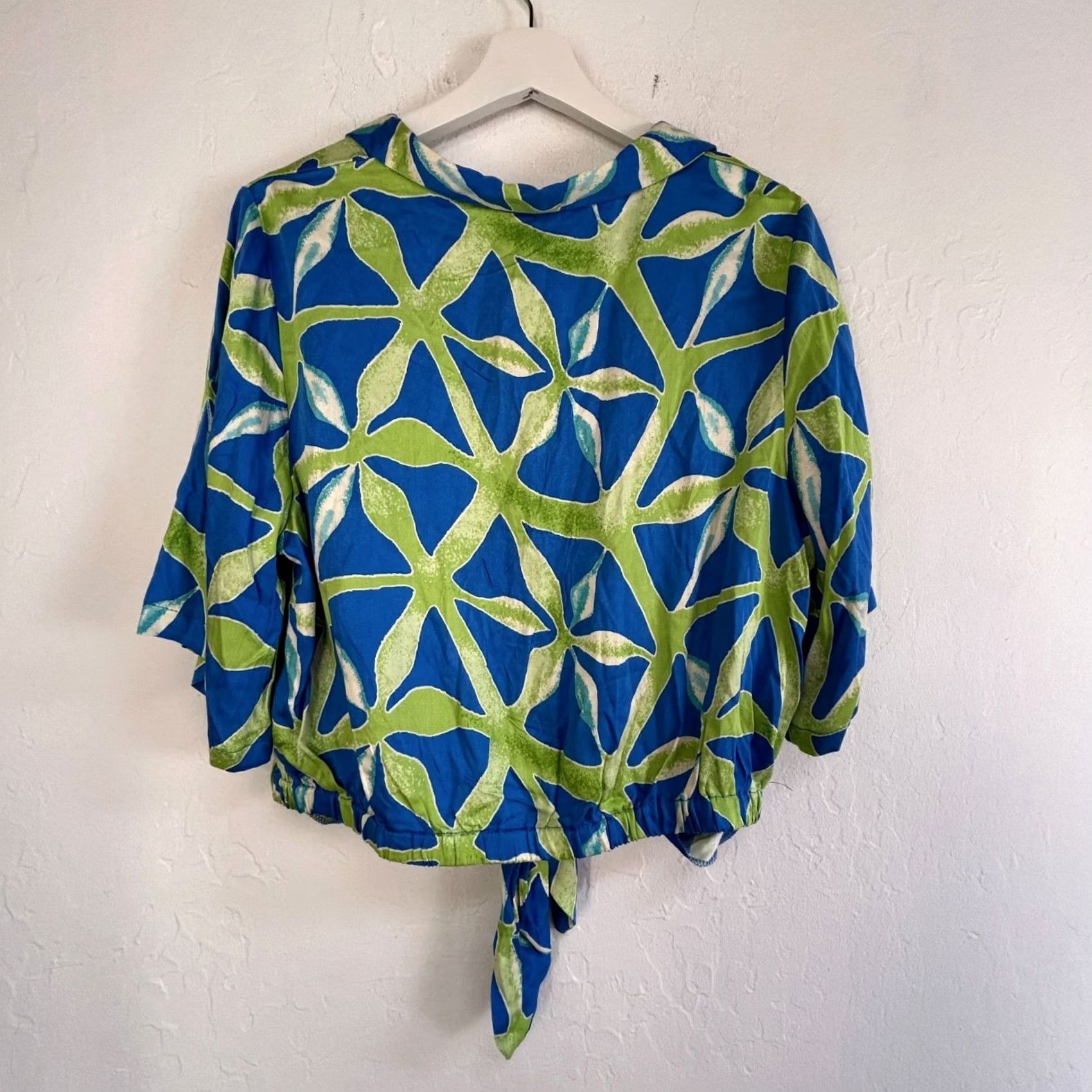 Haute Hippie Haute Hippie Womens Blue & Green Leaf Print Tie-Front Button-Up Blouse XL Size XL / US 12-14 / IT 48-50 - 2 Thumbnail