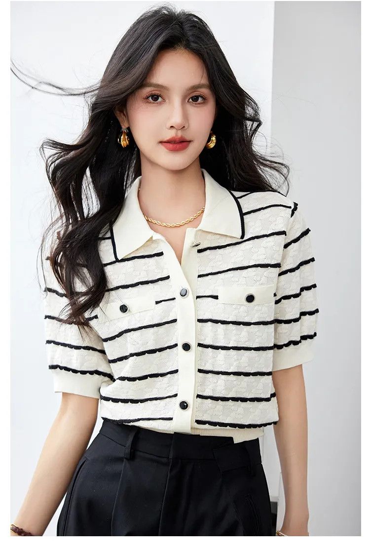 Other Elegant Polo Collar Women Slimming Knitted Half Sleeve Shirt Size M / US 6-8 / IT 42-44 - 5 Thumbnail