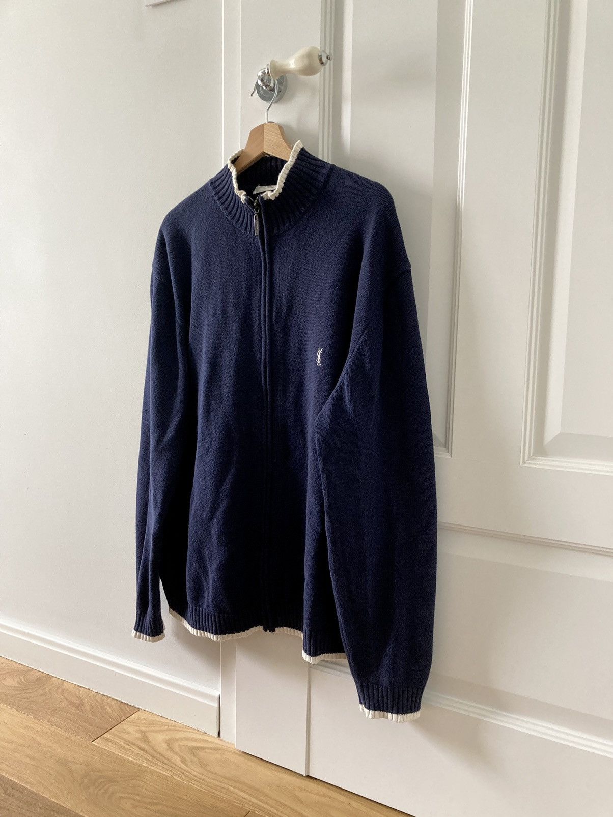 image of Designer Zip Sweatshirt Sweater YVES Saint Laurent YSL in Navy Blue, Men's (Size XL)