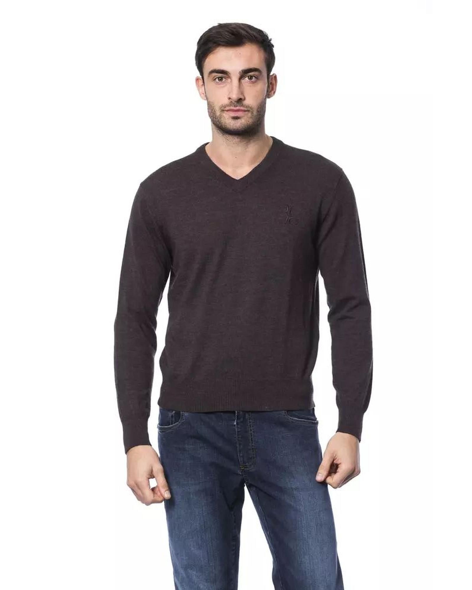 image of Billionaire Couture Embroidered Crew Neck Sweater In Merino Wool in Brown, Men's (Size XL)