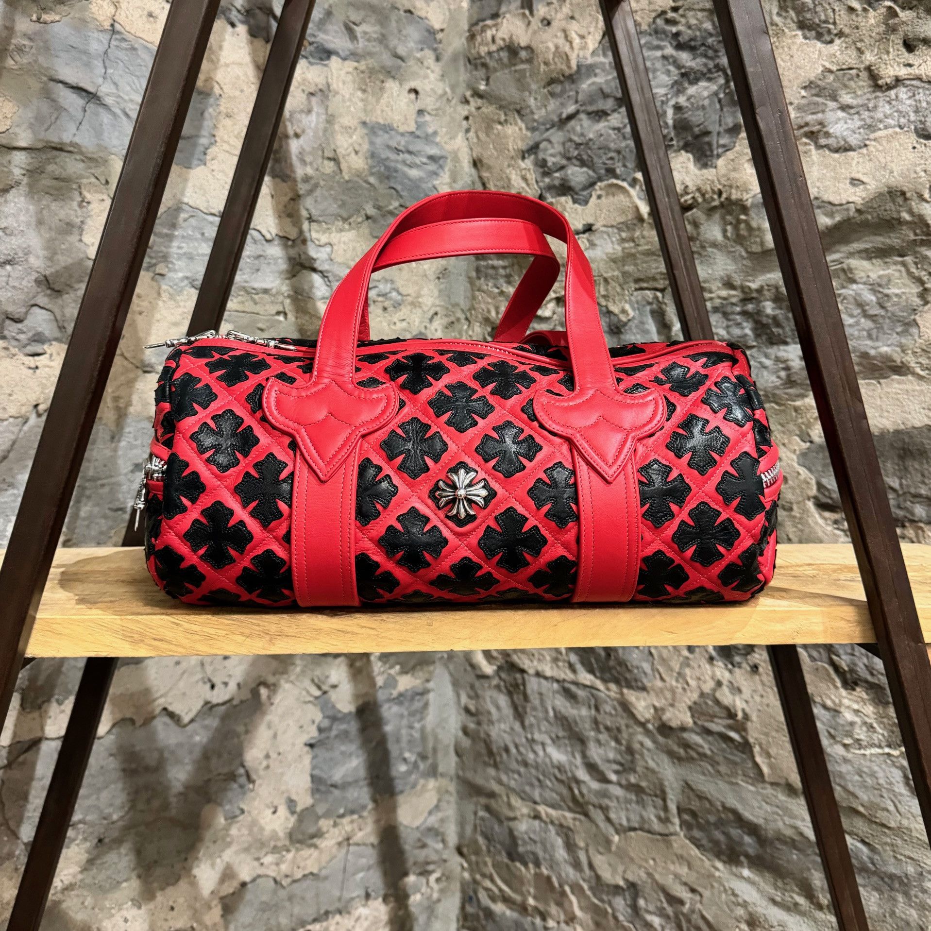 Chrome Hearts Chrome Hearts Red Leather All Over Black Crosses Duffle