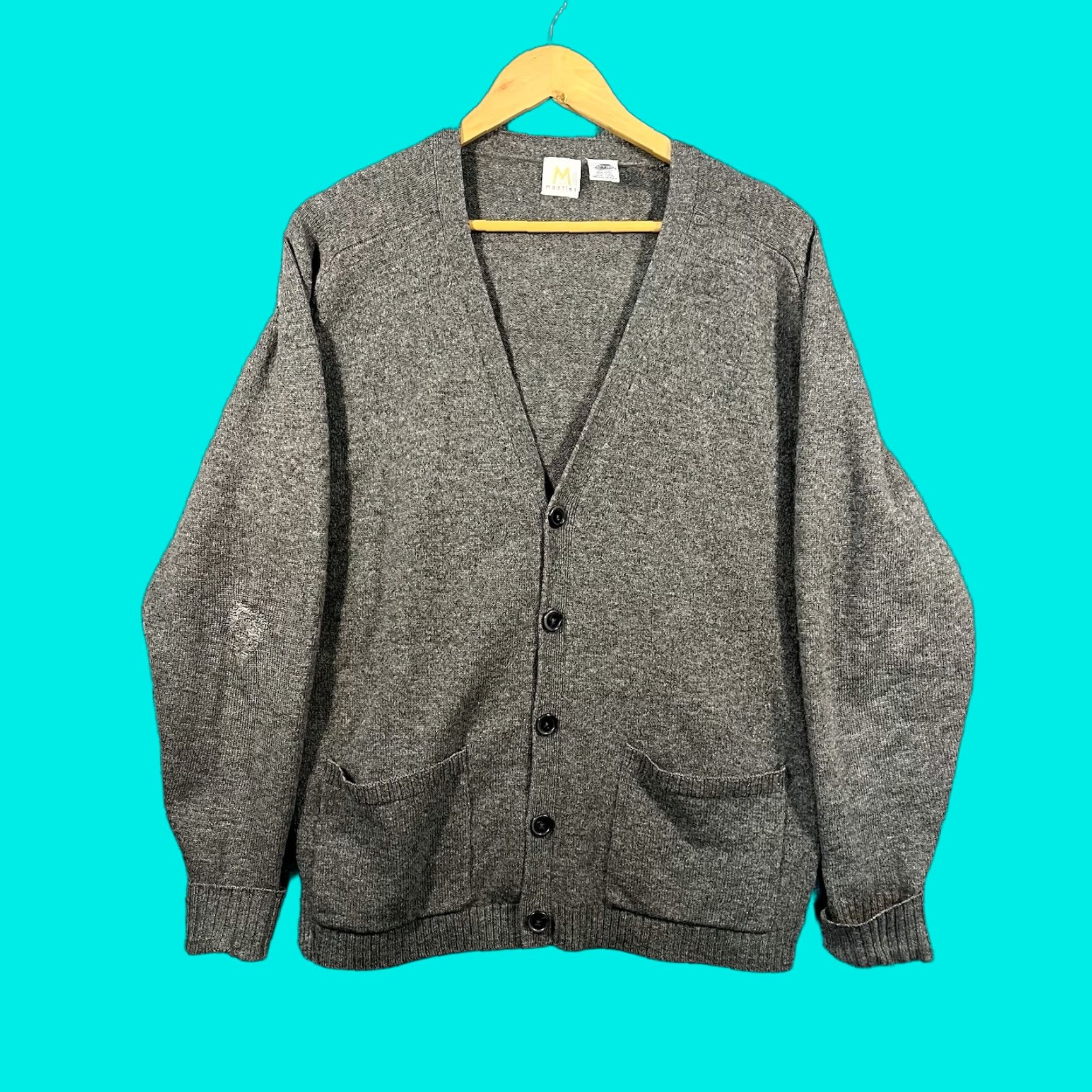 Vintage Mantles Mens Medium Cardigan Sweater 100% Wool Gray Vintage 90s Fair Isle Knit Collared Pockets Size US M / EU 48-50 / 2 - 1 Thumbnail