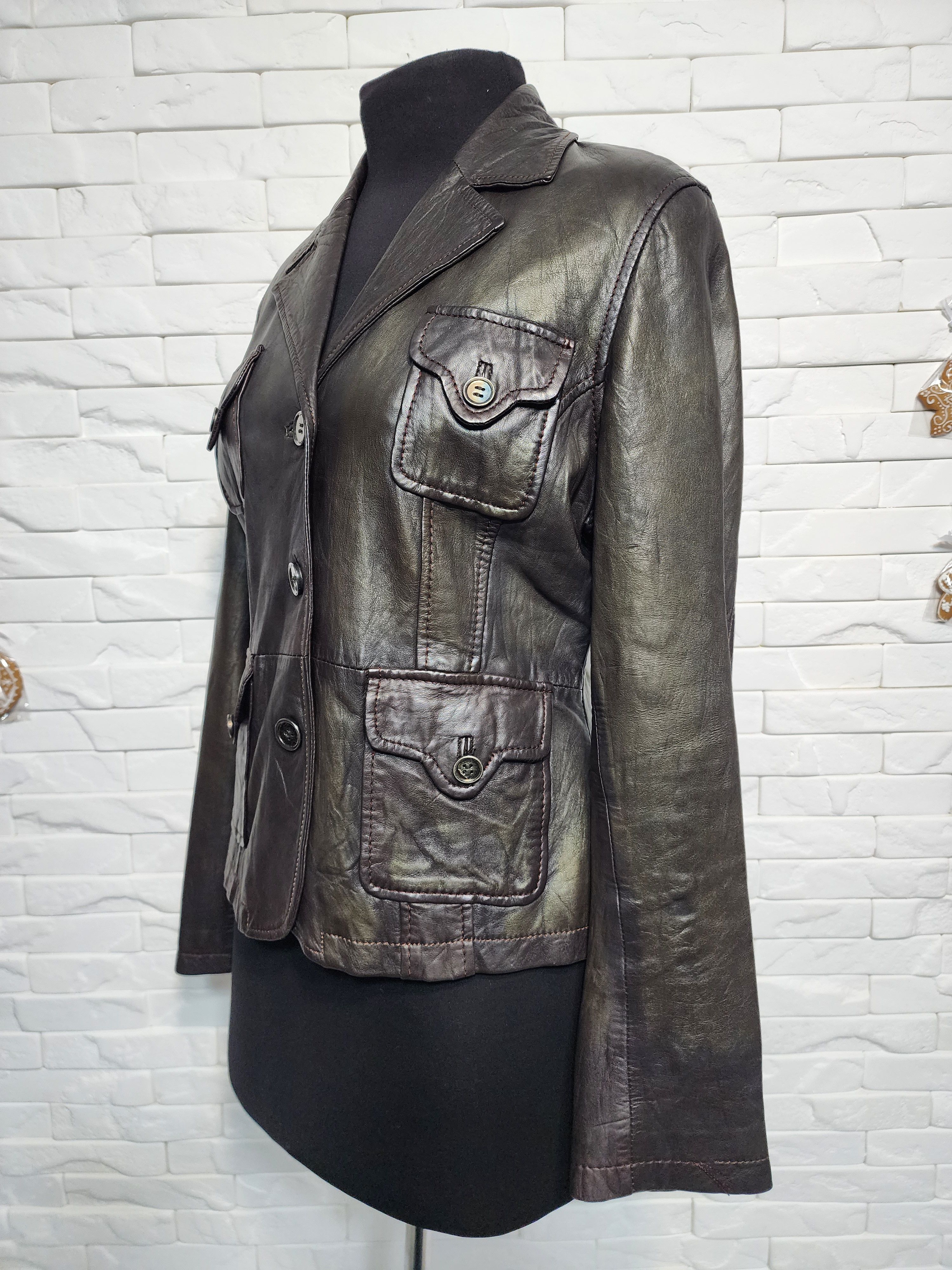 Other Brown Leather Jacket: Women's Fitted Blazer with Pockets Size L / US 10 / IT 46 - 2 Thumbnail
