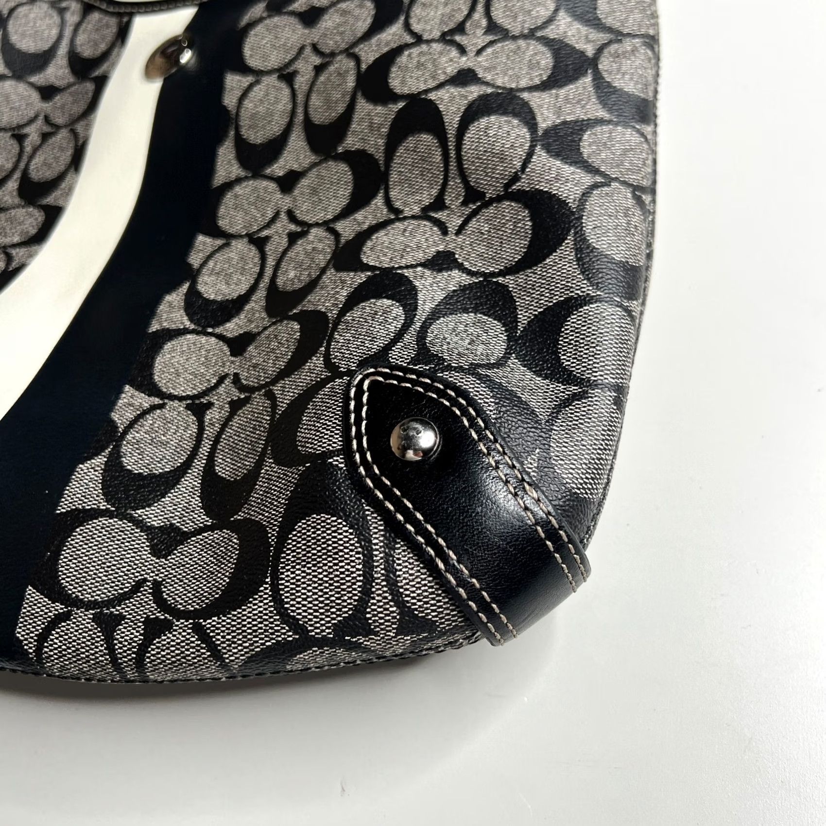 VINTAGE Coach Signature Stripe Hobo Bag Black White Leather Trim 