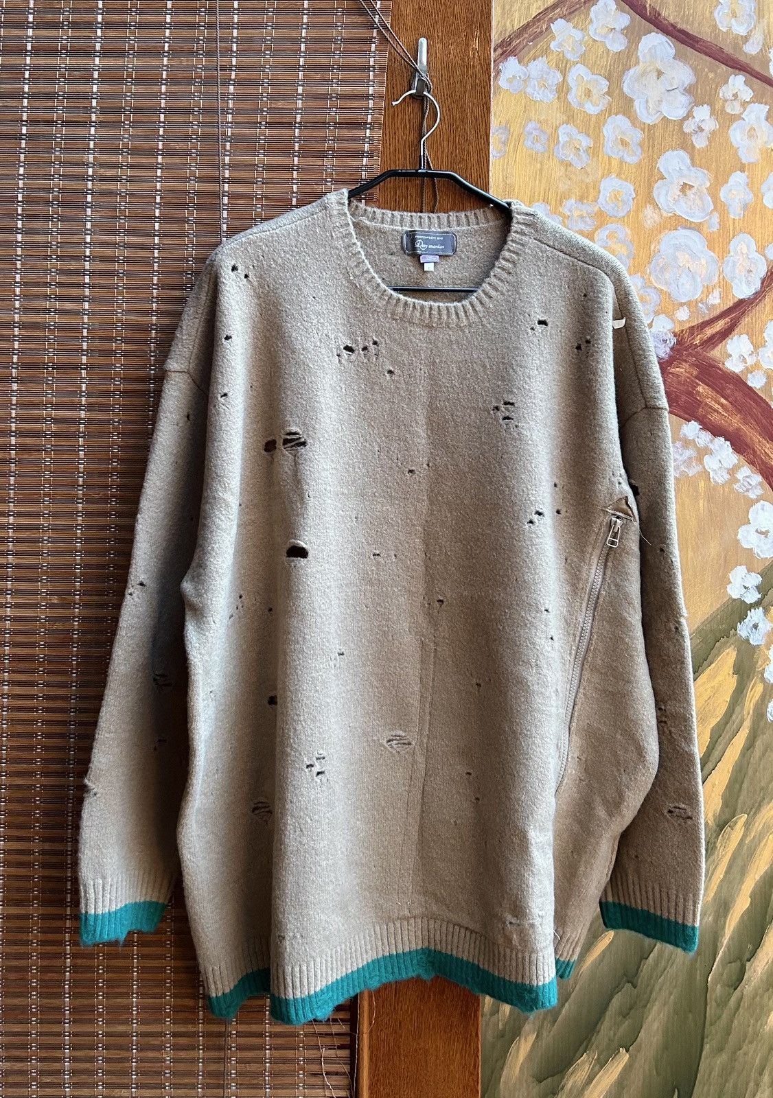 image of Avant Garde Deny Umamiism Fw19 Distressed Wool Knitted Oversized Sweater in Beige/Green (Size Large
