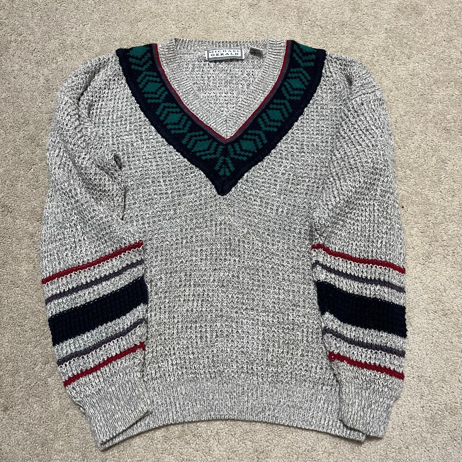 Other Vintage Michael Gerald V Neck Striped Grey Knit Sweater Larg Size US L / EU 52-54 / 3 - 1 Thumbnail