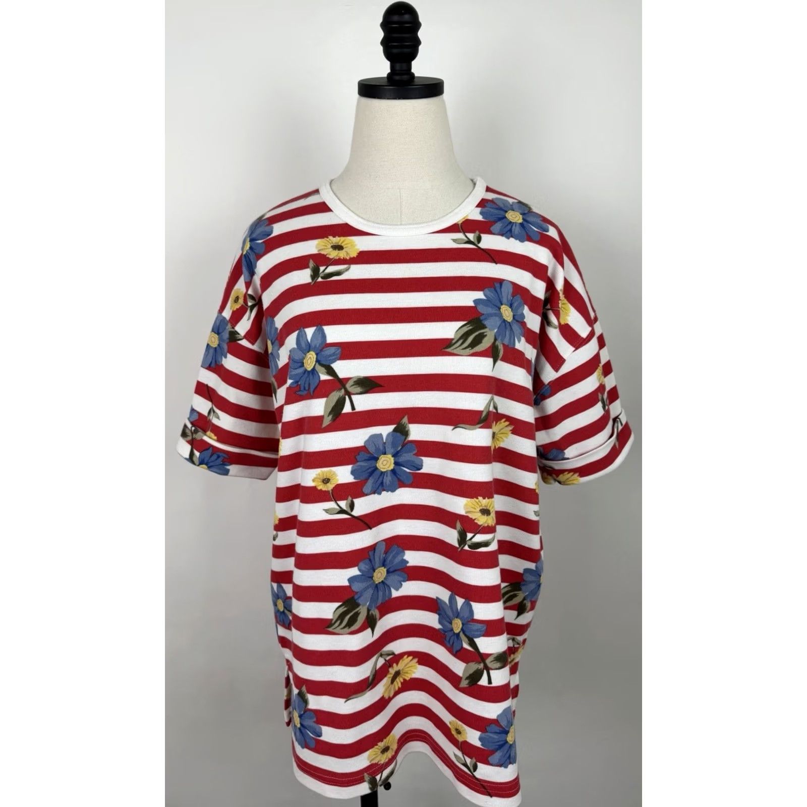 Nautica VINTAGE Michael Carrie Shirt Womens XL Red Striped T-Shirt Jersey Cotton Blend Ribbed Tee 80s 90s Nautical Flower Retro Size XL / US 12-14 / IT 48-50 - 2 Thumbnail