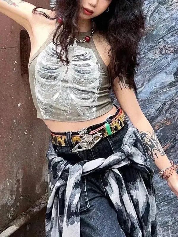 VIBE Punk Aesthetic Cyber Skeleton Print Rib Sleeveless Vest Size ONE SIZE - 4 Thumbnail