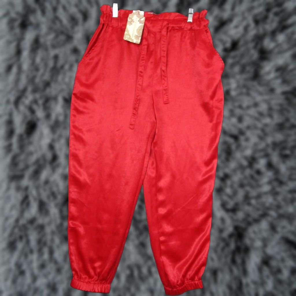 Vintage B O G Collective Pants Womens Medium Ruby Red Satin Paperbag Tapered Jogger Boho Size 32" / US 10 / IT 46 - 1 Thumbnail