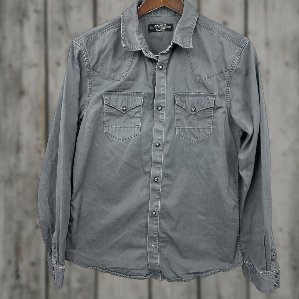 Allsaints VINTAGE AllSaints Shirt Mens Medium Western Pearl Snap Long Sleeve Cowboy Gray READ Size M / US 6-8 / IT 42-44 - 1 Thumbnail