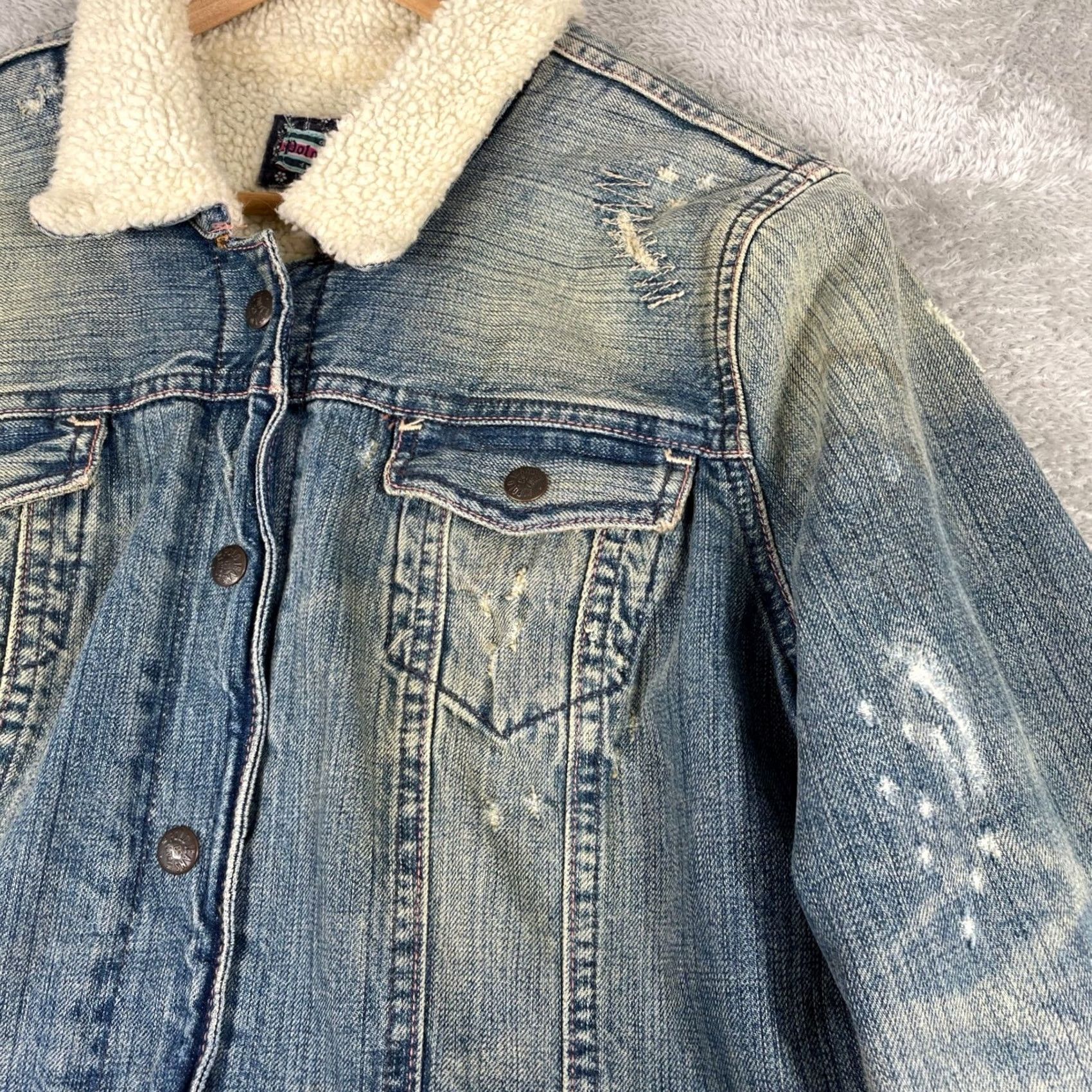 Vintage Y2K Polo Jeans Ralph Lauren Denim Jacket XL Sherpa Lined Distressed 2000s - Size XL Size 40" / US 18 - 7 Thumbnail