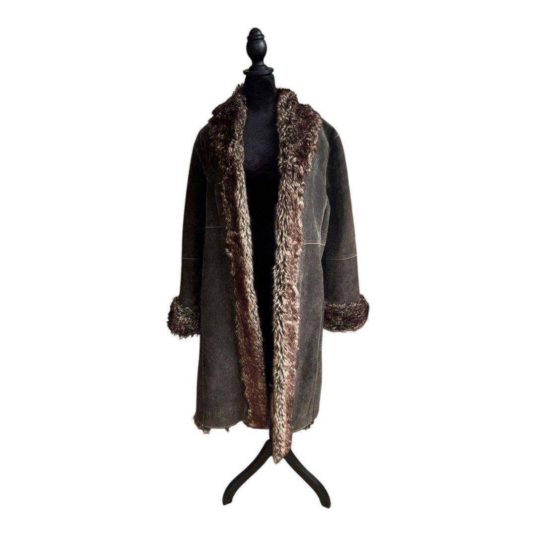 American Apparel × Vintage VTG Y2K Damselle LEATHER SUEDE LONG COAT WITH FAUX FUR TRIM Size L / US 10 / IT 46 - 1 Thumbnail