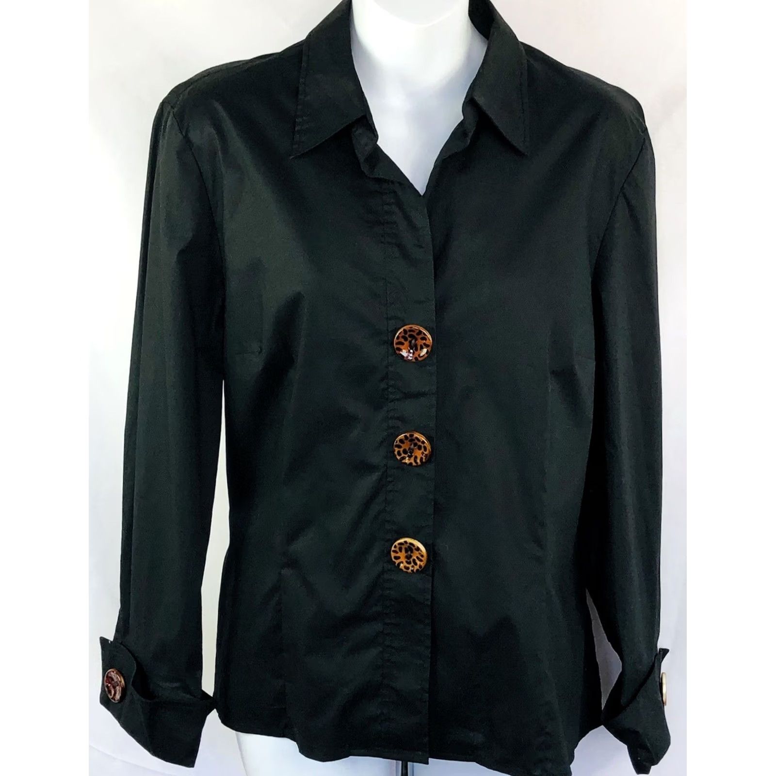 Vintage Spence Career Glam 90s Y2K top L Lg blk leopard buttons Cuffed Long Sleeve nwot Size L / US 10 / IT 46 - 5 Thumbnail