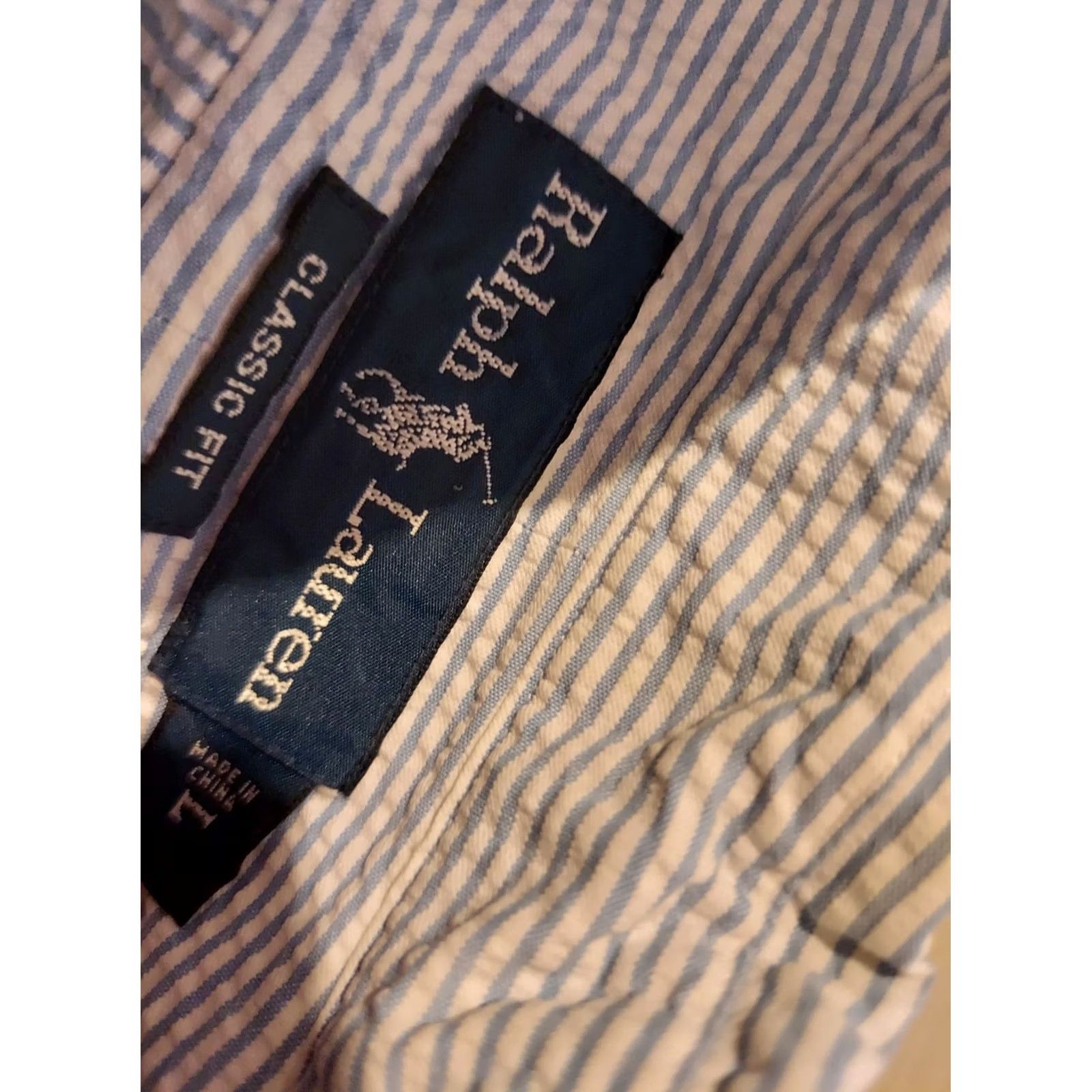 Polo Ralph Lauren Polo Ralph Lauren Shirt Mens L Blue Short Sleeve Dress Seersucker Button-Up Size 42R - 4 Thumbnail