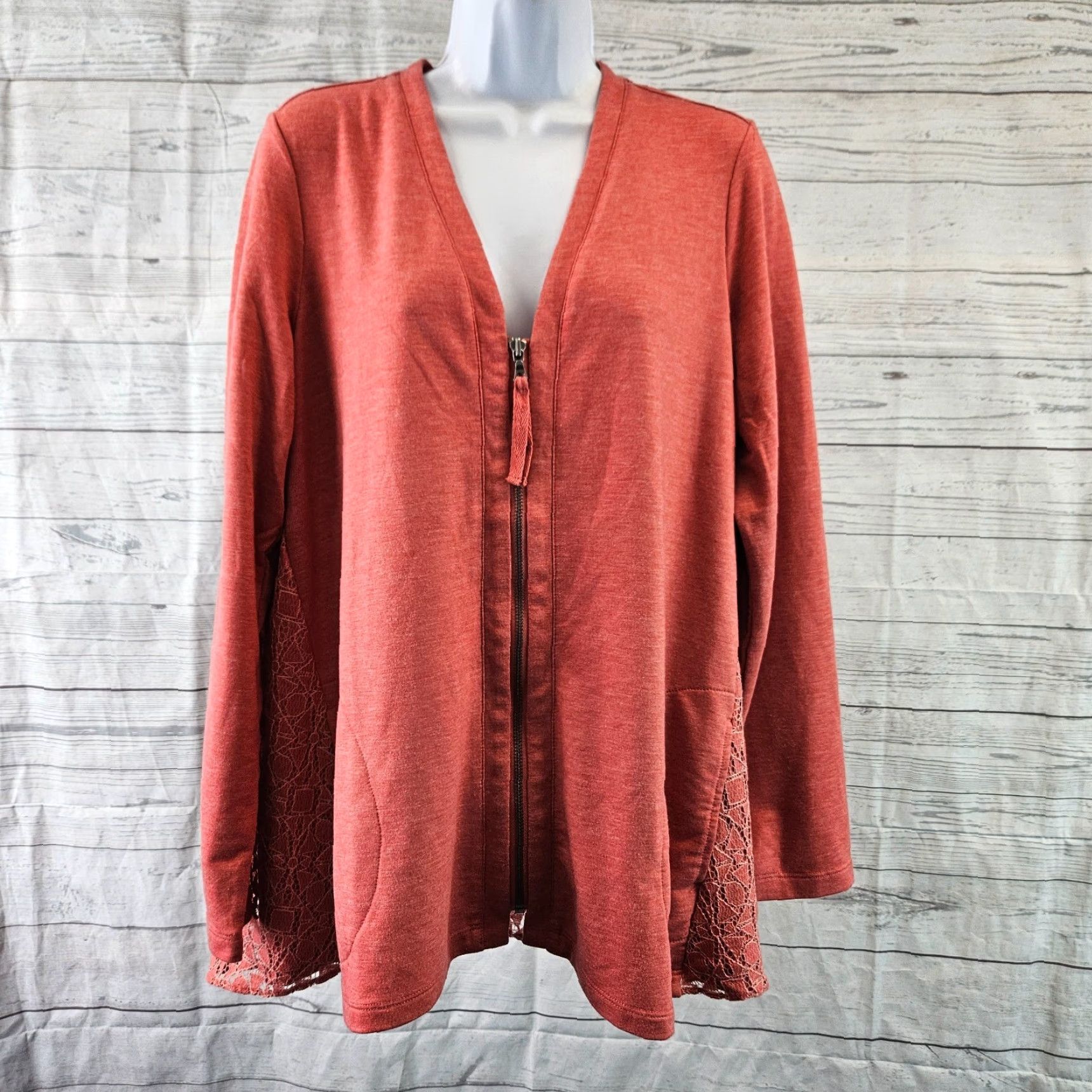 Vintage LOGO Lounge Lori Goldstein Womens Sweatshirt Zip Up Slim Red Lace Overlay Medium Size M / US 6-8 / IT 42-44 - 2 Thumbnail