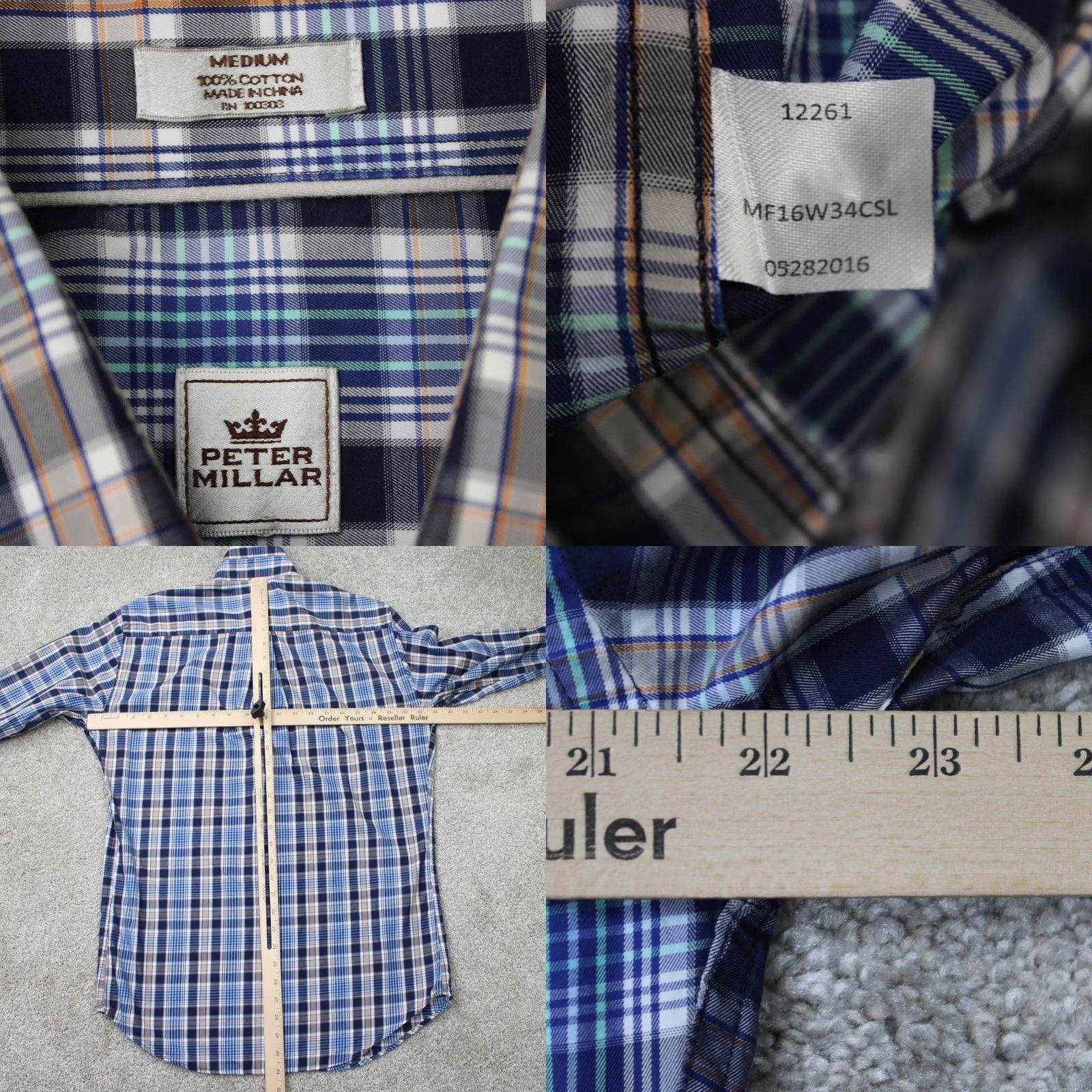 Peter Millar Peter Millar Crown Shirt Mens Medium Blue/Gray Plaid 100% Cotton Long Sleeve Button Up Size US M / EU 48-50 / 2 - 8 Thumbnail