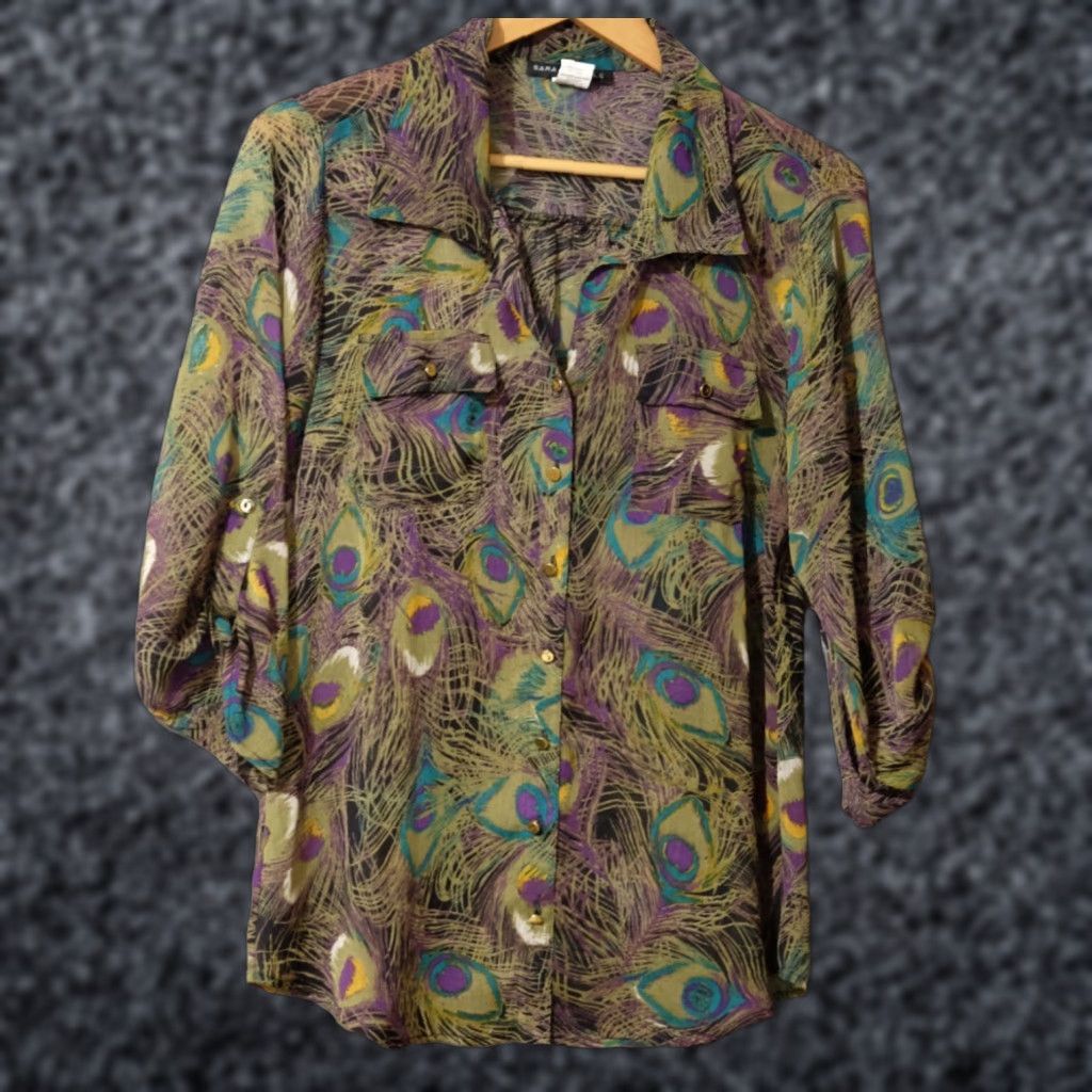 Vintage Sara Michelle Blouse Geometric Print 3/4 Rolltab Sleeve Peacock M Women's Shirt Casual Workwear XS? Size M / US 6-8 / IT 42-44 - 1 Thumbnail