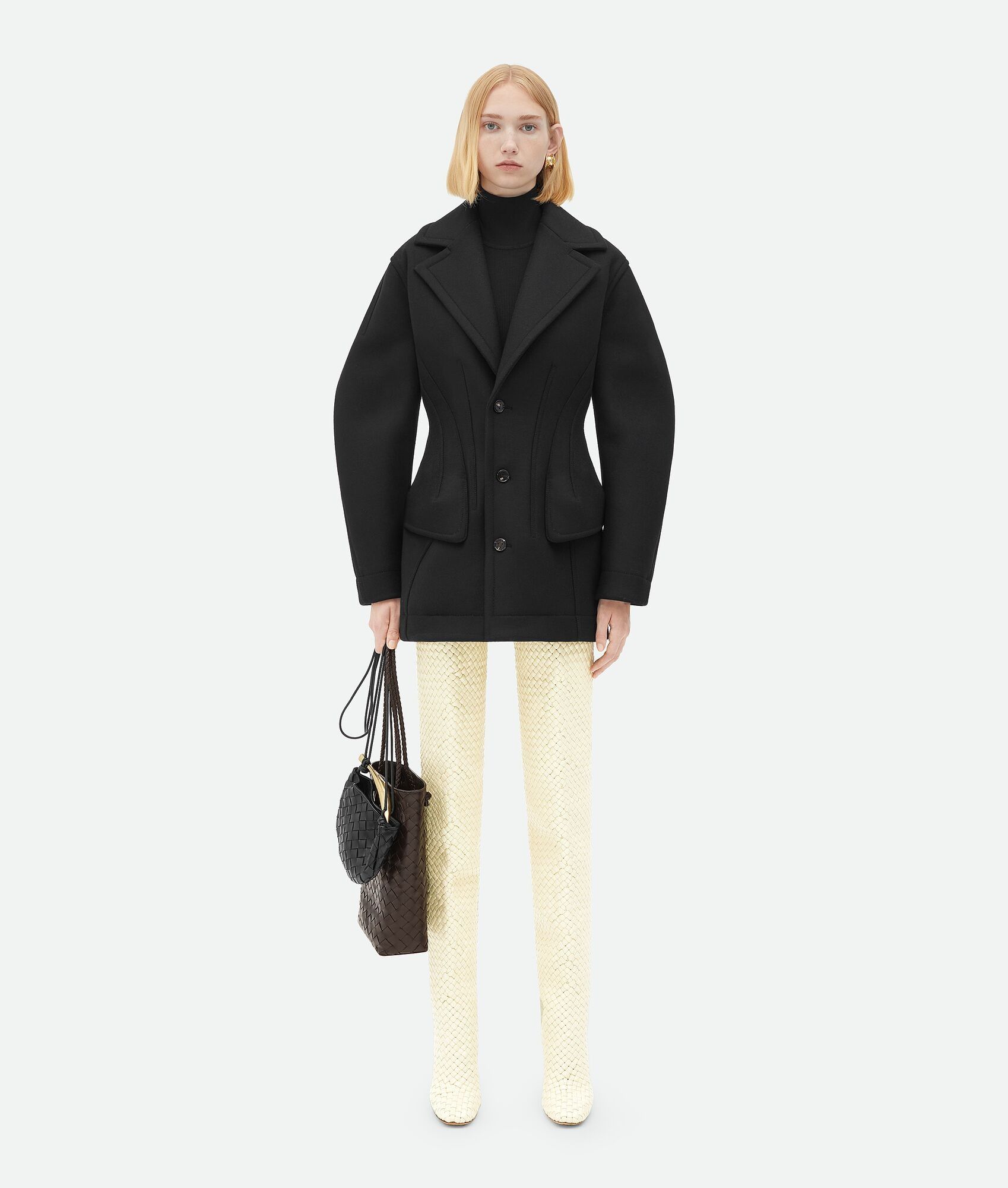 Bottega Veneta o1n1vont1224 Felted Wool Sculptured Coat in Black Size L / US 10 / IT 46 - 1 Thumbnail