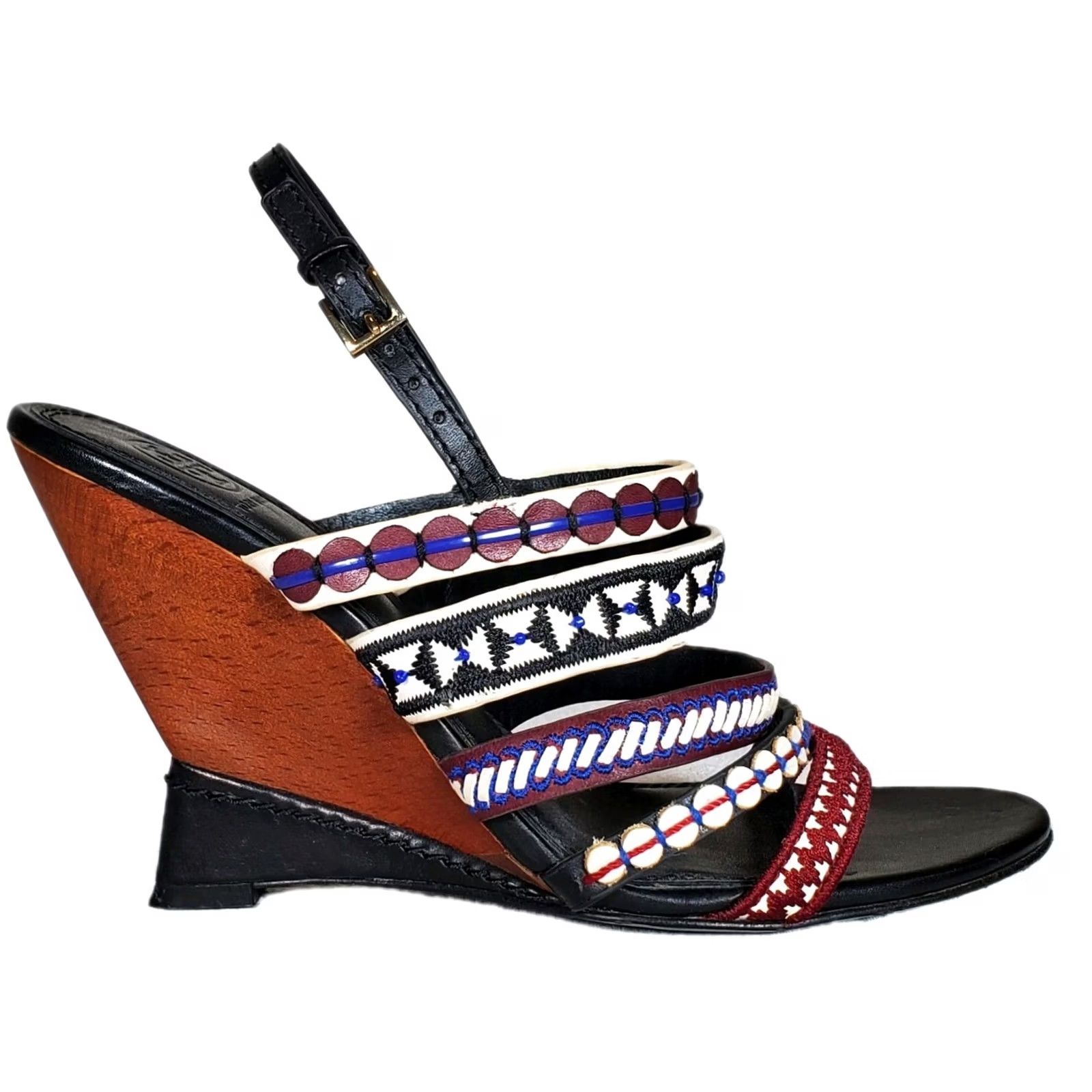 Tory Burch Tory Burch Strappy Womens Red White Blue Black Multi Mixed Trims Leather 100mm Wedge Sandals Women Size US 8 / IT 38 - 3 Thumbnail