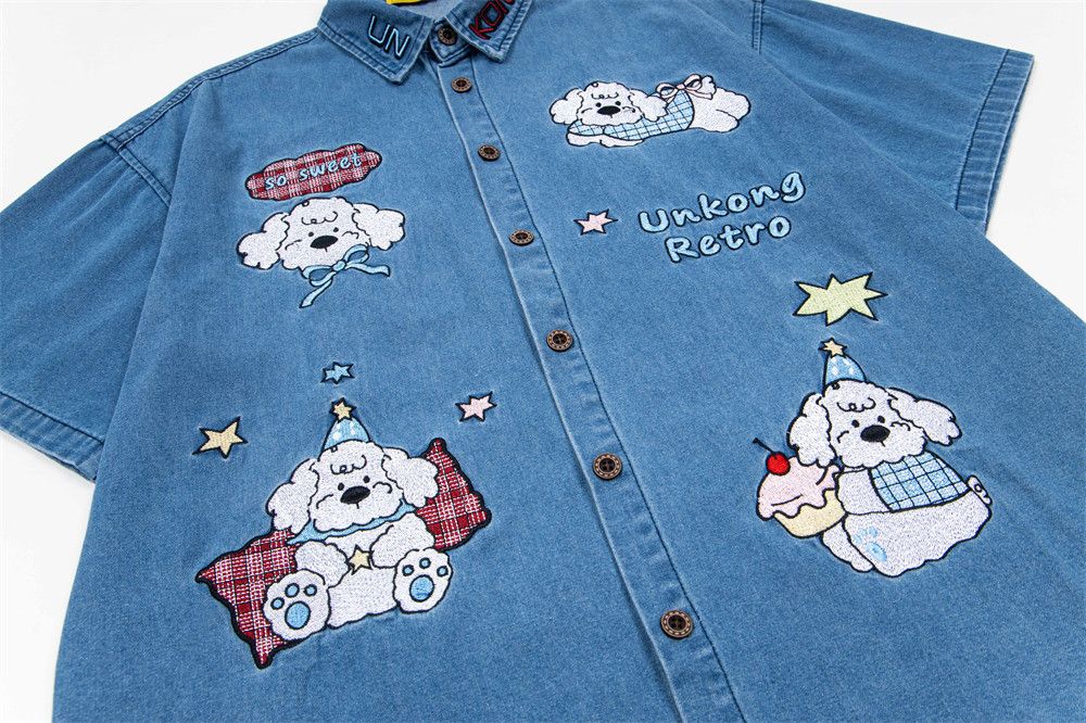 Japanese Brand × Vintage Cartoon puppy embroidered denim short-sleeved shirt Size US M / EU 48-50 / 2 - 4 Thumbnail