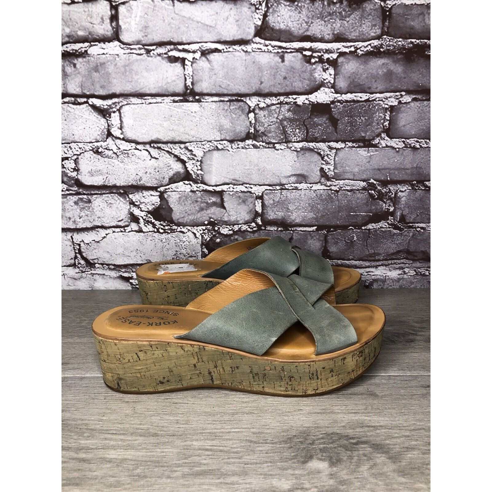 Other Kork-Ease Blue Leather Platform Cross Strap Cork Wedge Sanda Size US 8 / IT 38 - 23 Thumbnail