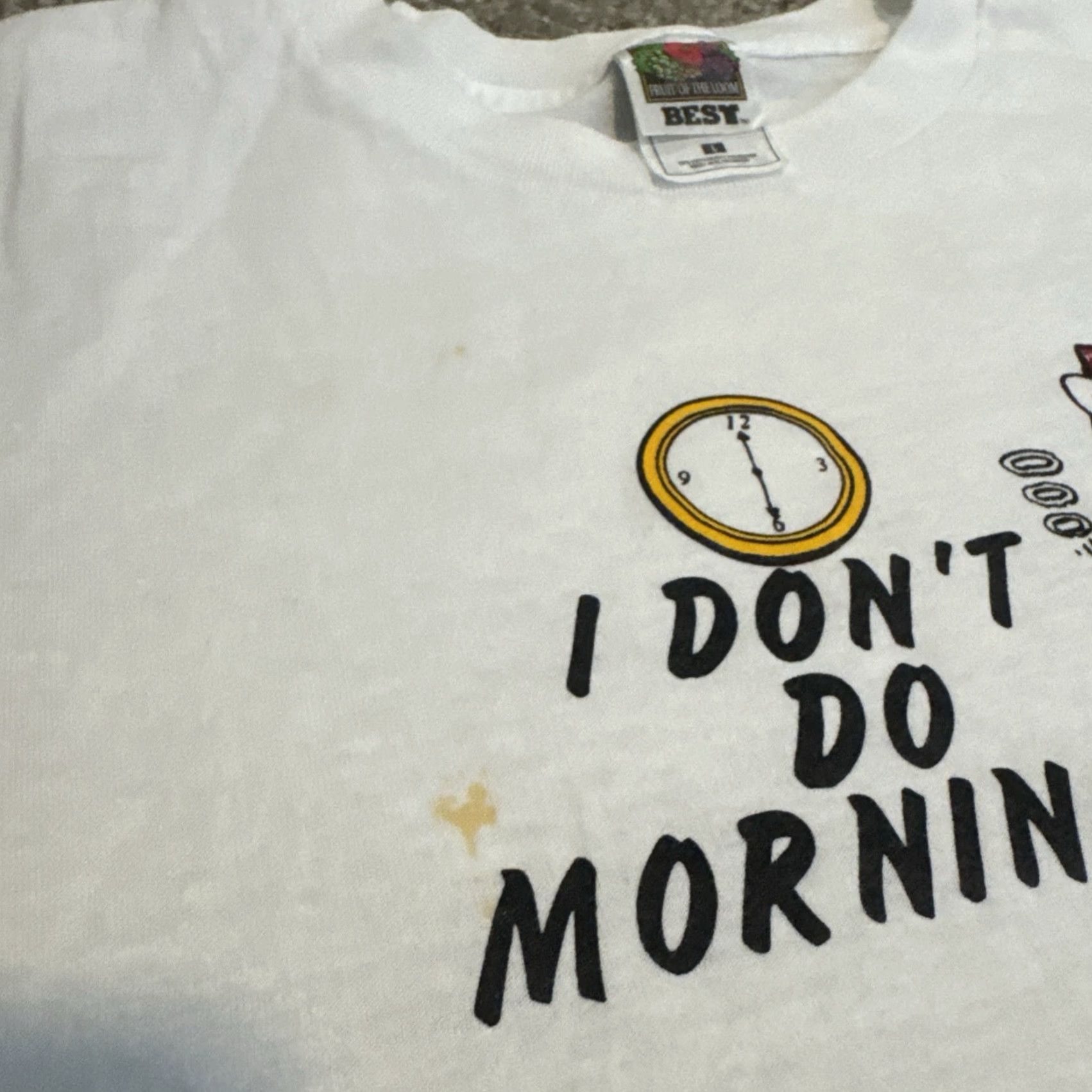 Fruit Of The Loom VINTAGE 90s I Don’t Do Mornings Grumpy Duck Cartoon Art T-Shirt Large White Unisex Adults L 90s Shirt Mens/Womens Size US L / EU 52-54 / 3 - 4 Thumbnail