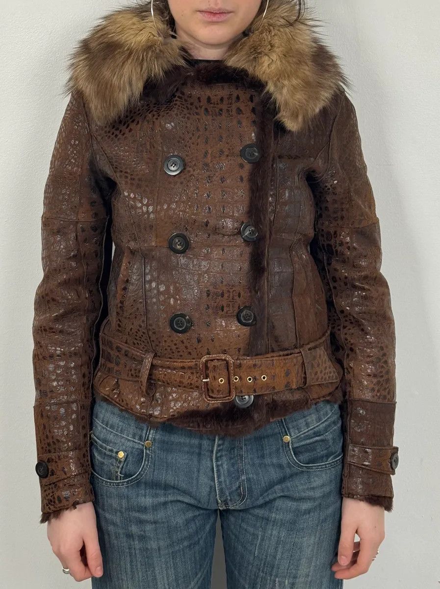 Iceberg 2000s Iceberg Fur Collar Crocodile Embossed Brown Leather Buttoned Jacket Size S / US 4 / IT 40 - 2 Thumbnail