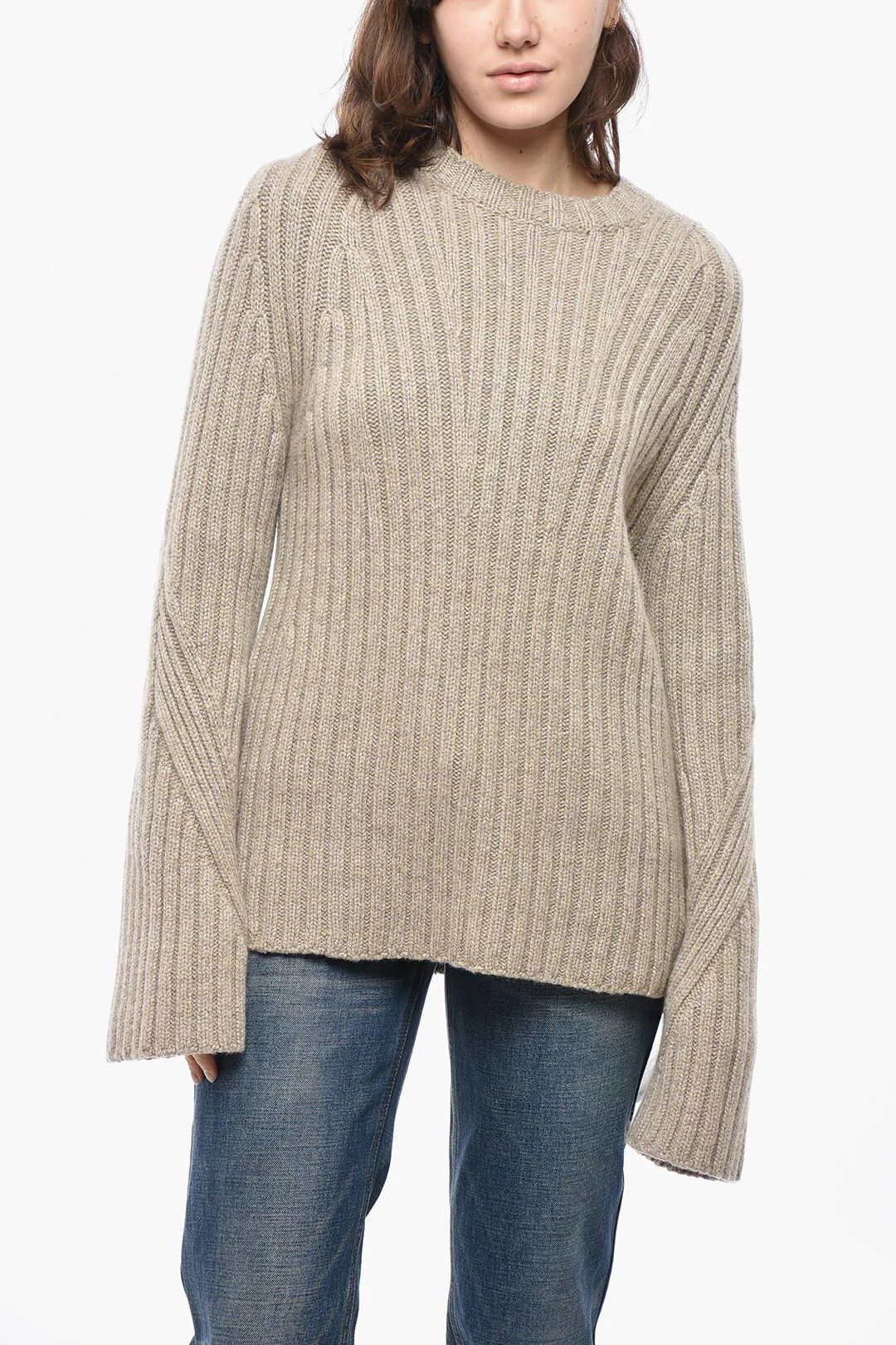 KHAITE og1mm0426 Cashmere Ribbed Crew-Neck Pullover in Beige Size S / US 4 / IT 40 - 1 Thumbnail