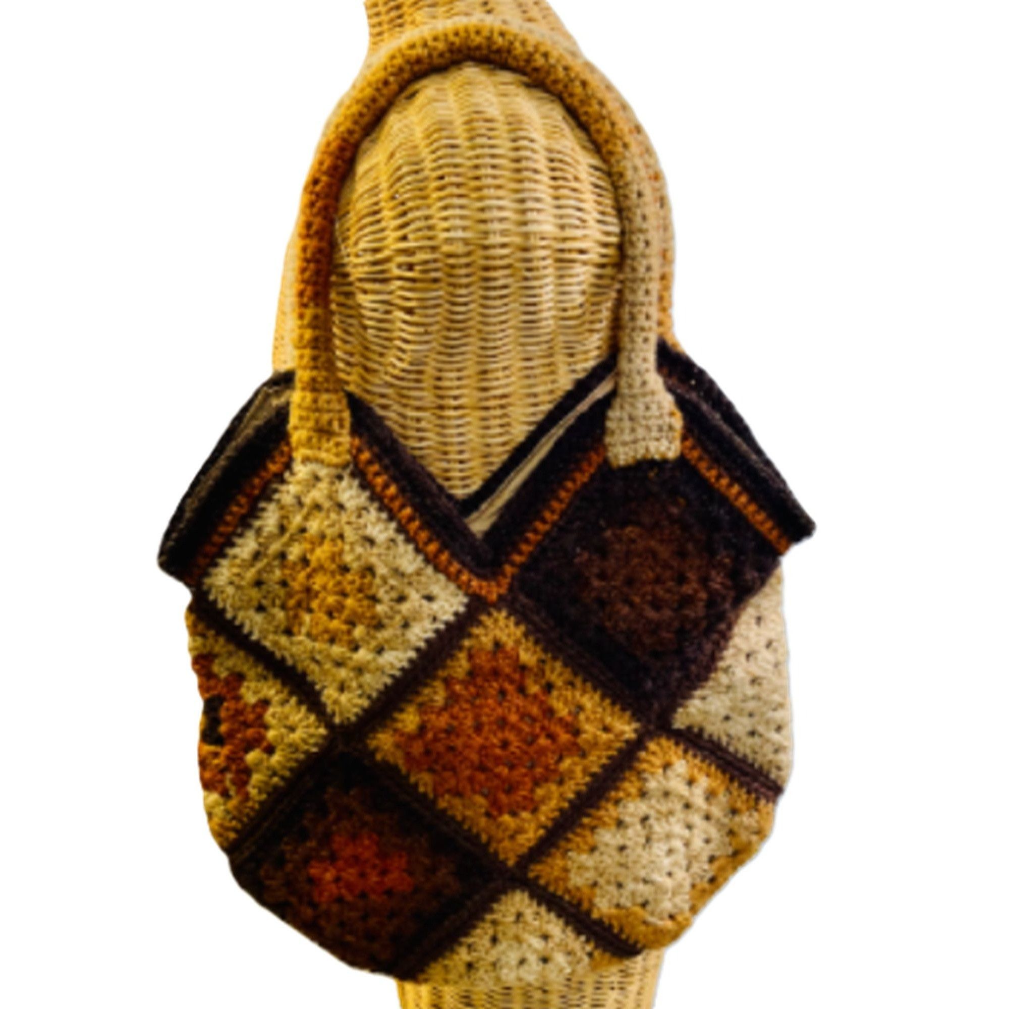 Handmade Crochet Purse Handbag Granny Square Browm Beige Lined w/ Poc Size ONE SIZE - 2 Thumbnail